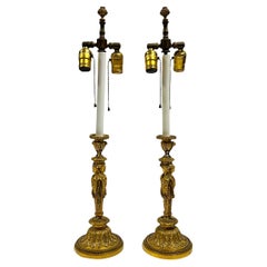 Pair of Louis XVI Style Gilt Bronze Candlestick Lamps