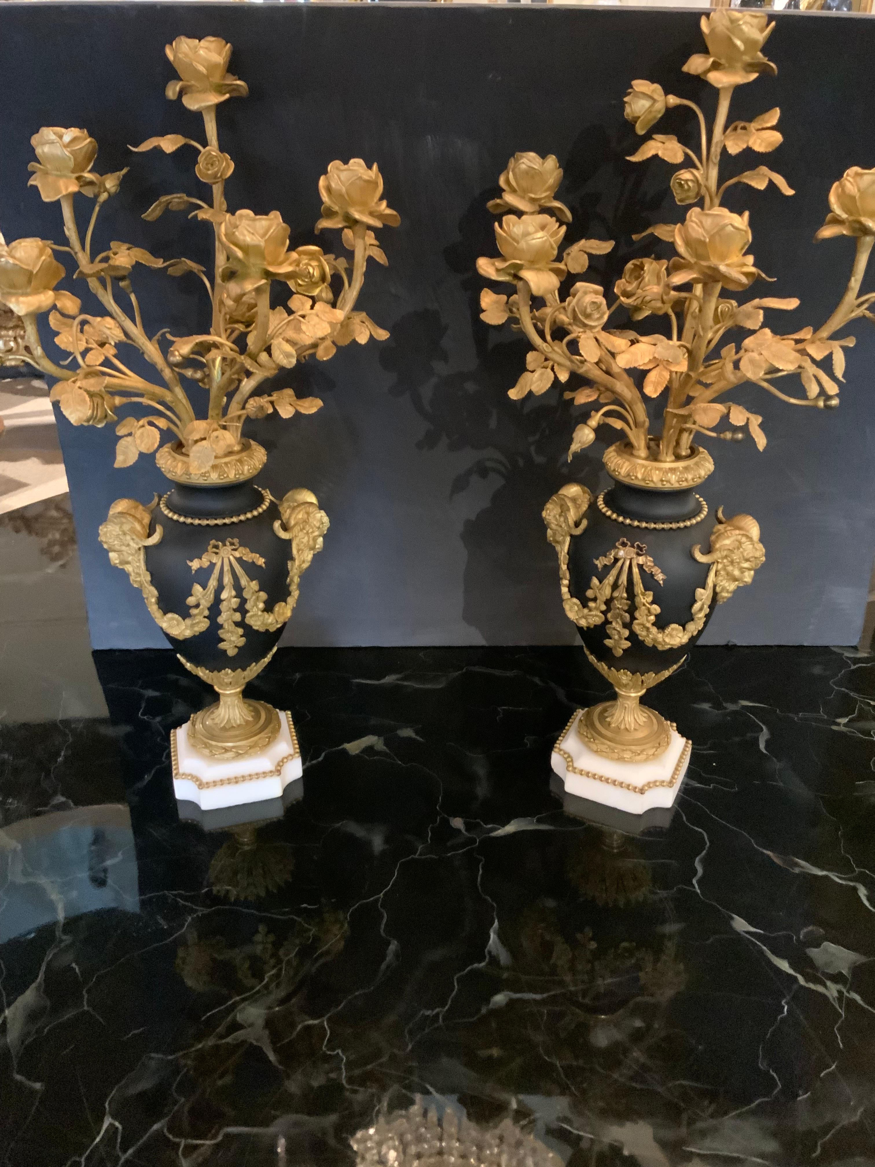 Pair of Louis XVI Style gilt bronze five light candelabra, 19 th c. For Sale 4