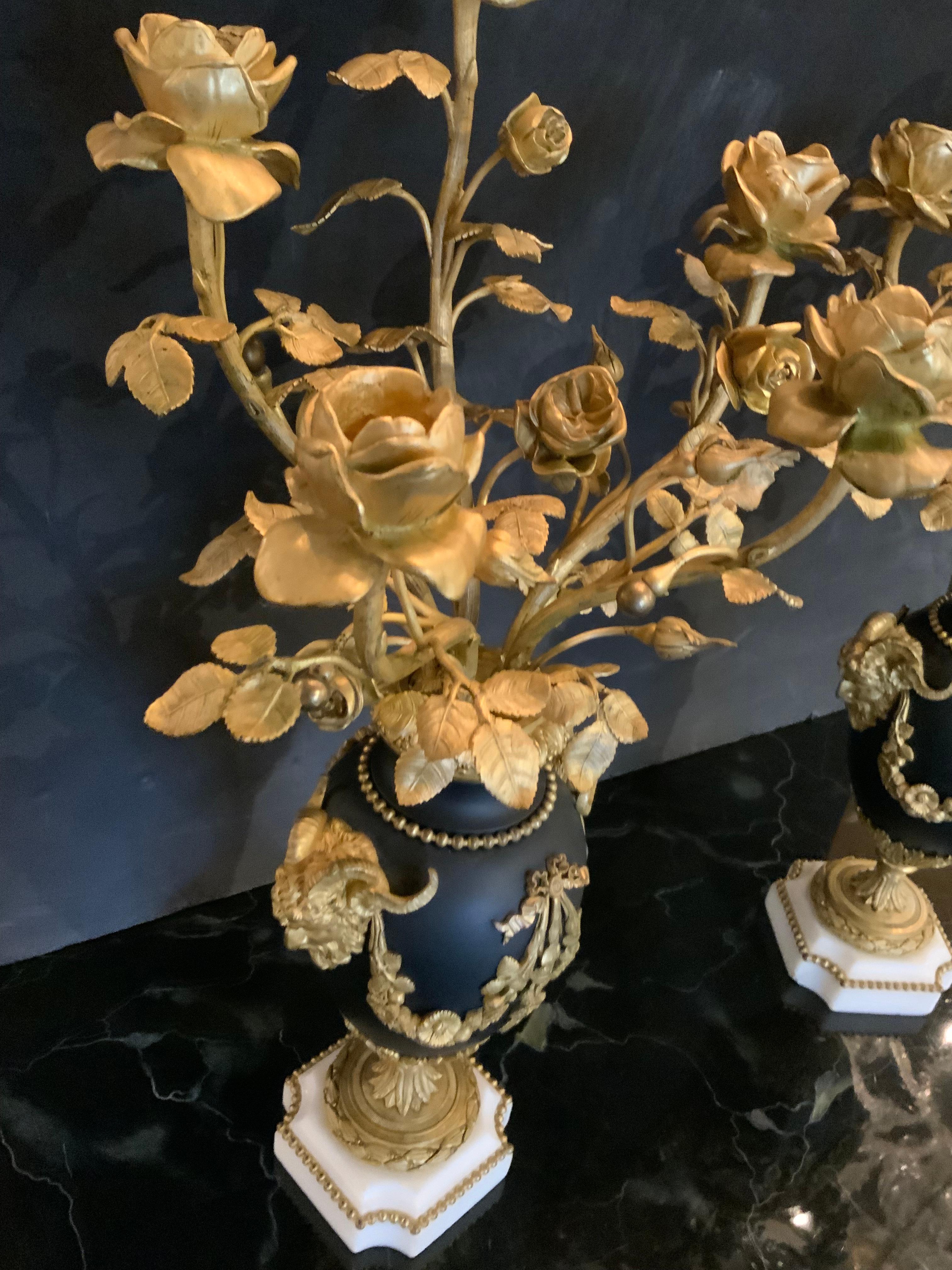 Pair of Louis XVI Style gilt bronze five light candelabra, 19 th c. In Excellent Condition For Sale In Houston, TX