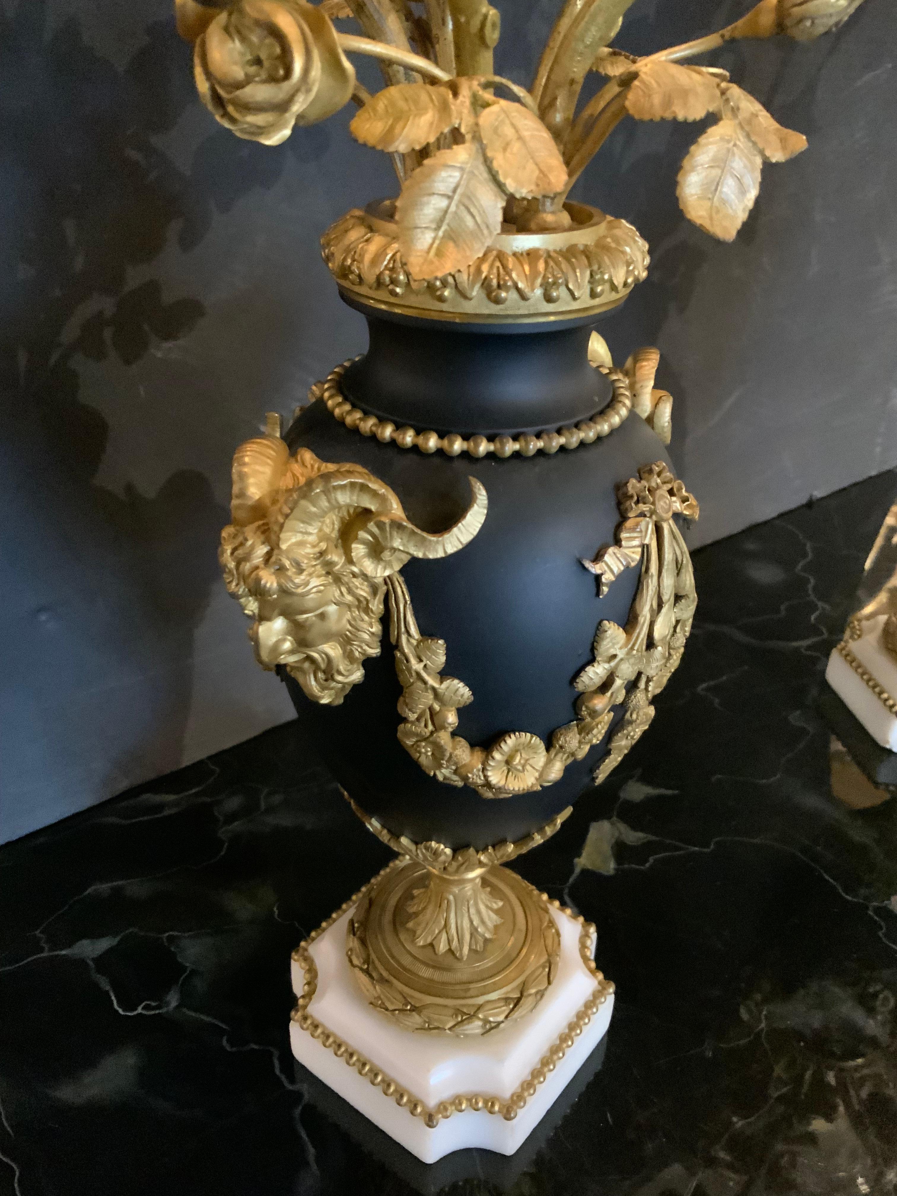 19th Century Pair of Louis XVI Style gilt bronze five light candelabra, 19 th c. For Sale