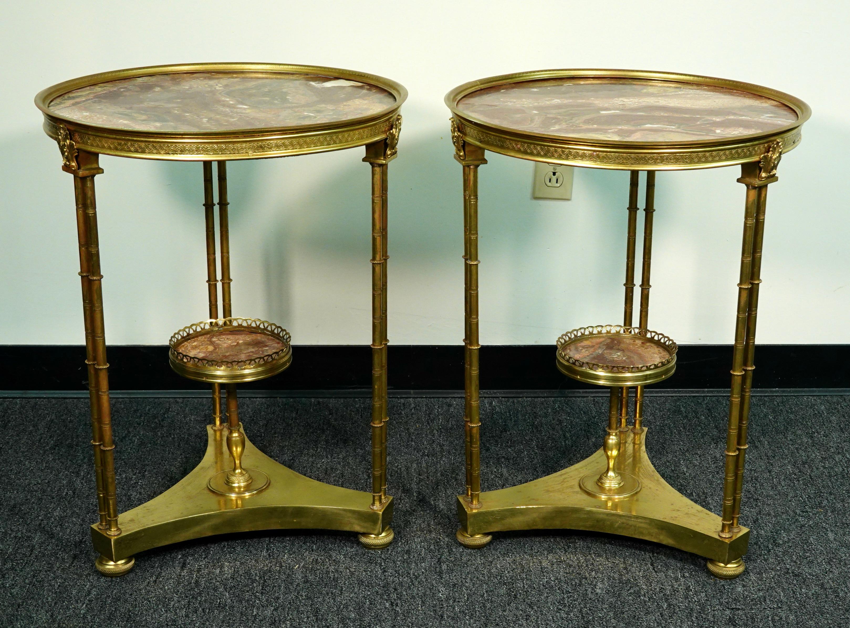 Cast Pair of Louis XVI Style Gilt-Bronze Gueridons with Breche d'Alep Marble Tops For Sale