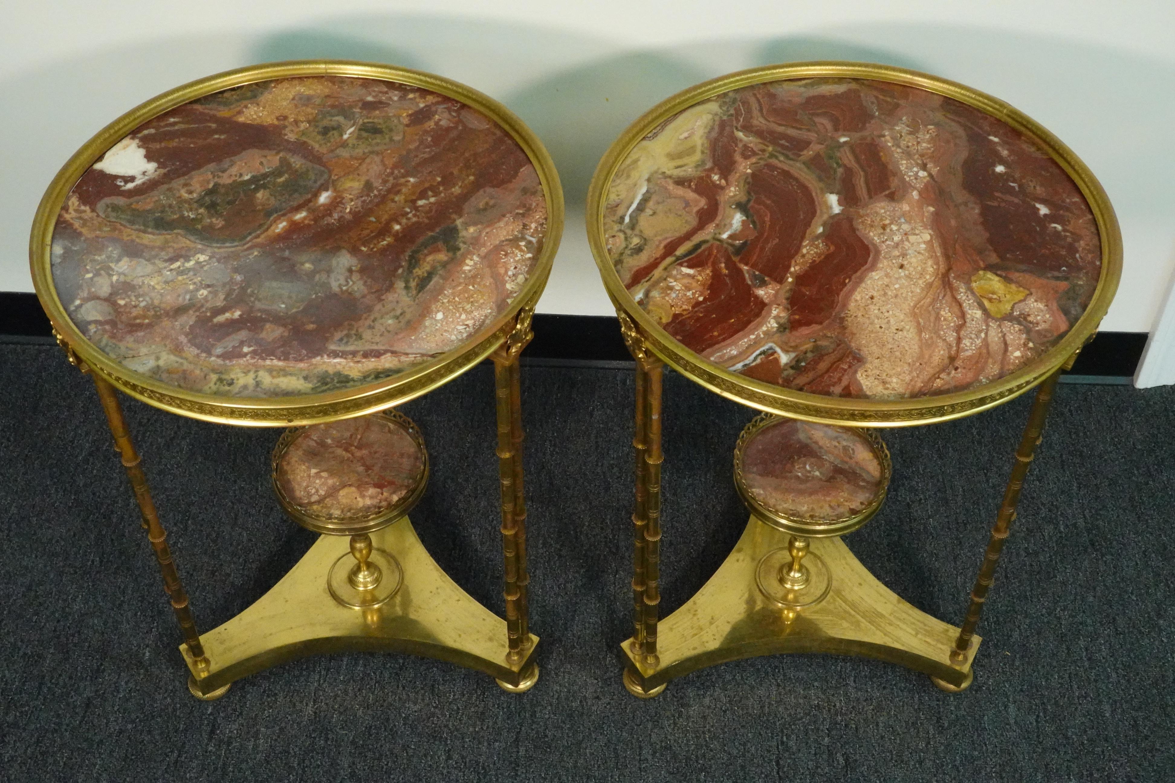 Pair of Louis XVI Style Gilt-Bronze Gueridons with Breche d'Alep Marble Tops In Good Condition For Sale In Pembroke, MA