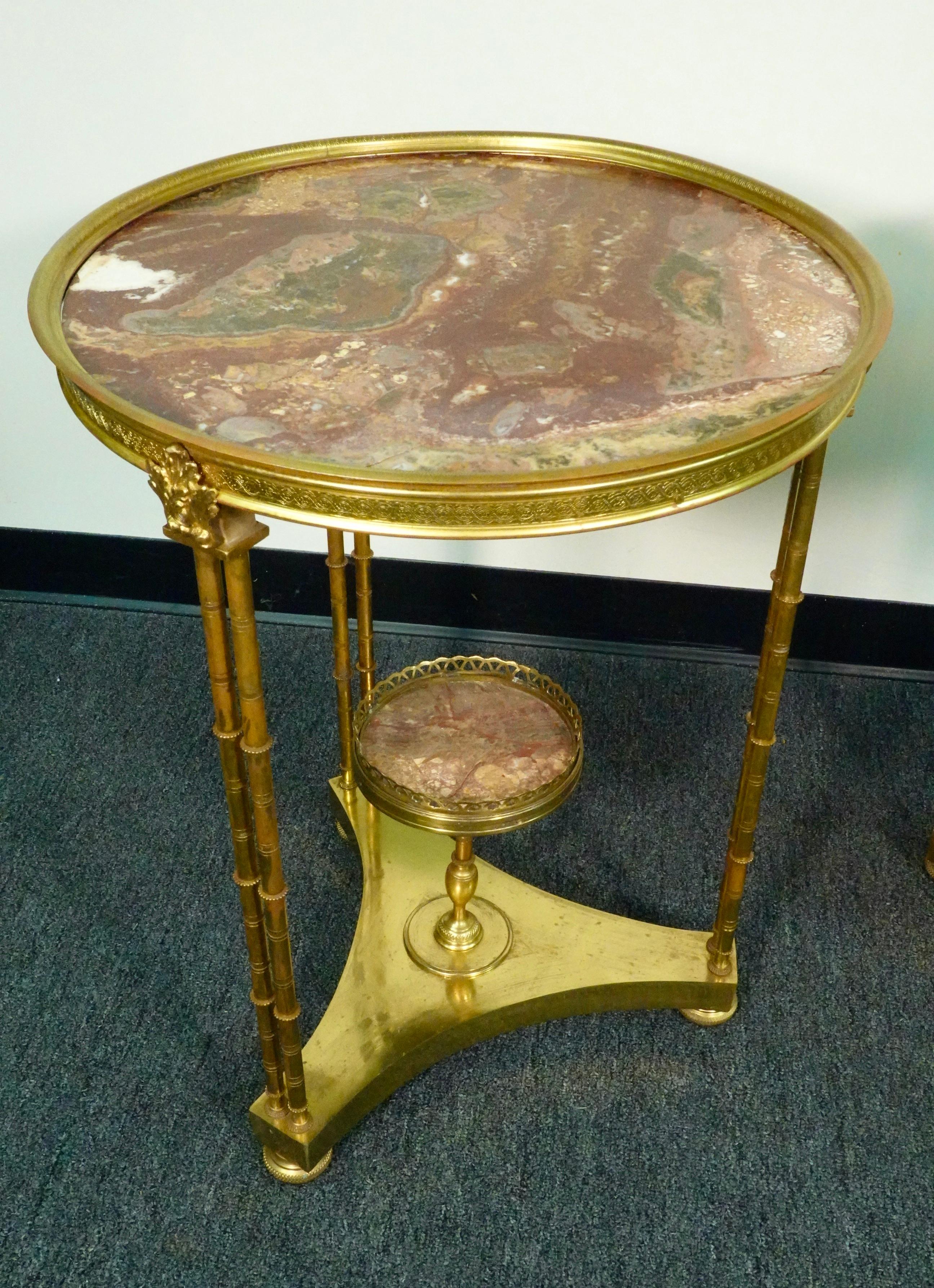 Pair of Louis XVI Style Gilt-Bronze Gueridons with Breche d'Alep Marble Tops For Sale 1