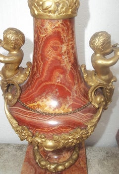 Pair of Louis XVI Style Gilt Bronze Mounted Alabaster Fioretto Garniture Urns