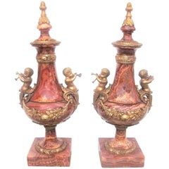 Pair of Louis XVI Style Gilt Bronze Mounted Alabaster Fioretto Garniture Urns