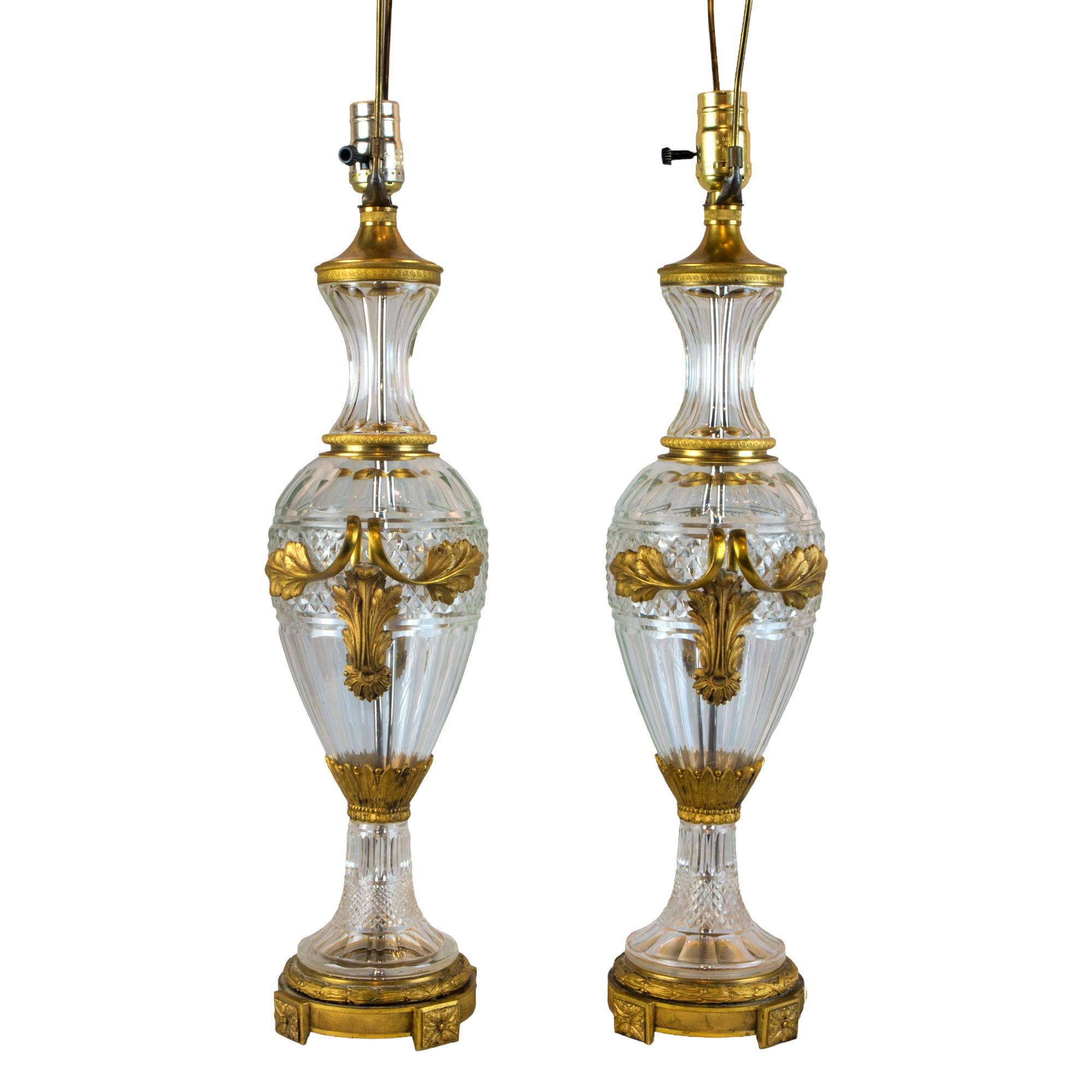 French Pair of Louis XVI Style Gilt-Bronze  Mounted Cut Glass Two-Handled Table Lamps