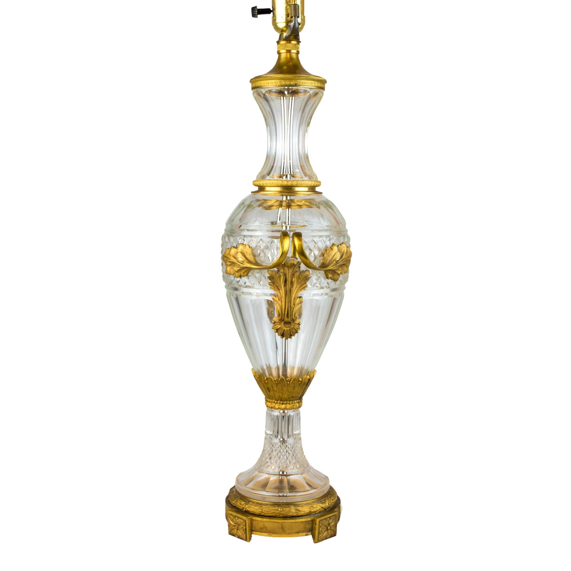 19th Century Pair of Louis XVI Style Gilt-Bronze  Mounted Cut Glass Two-Handled Table Lamps
