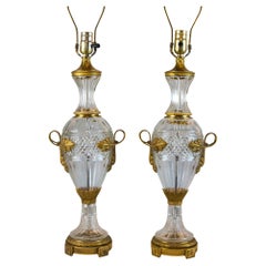 Pair of Louis XVI Style Gilt-Bronze  Mounted Cut Glass Two-Handled Table Lamps