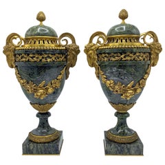Pair of Louis XVI Style Gilt Bronze Mounted Marble Urns