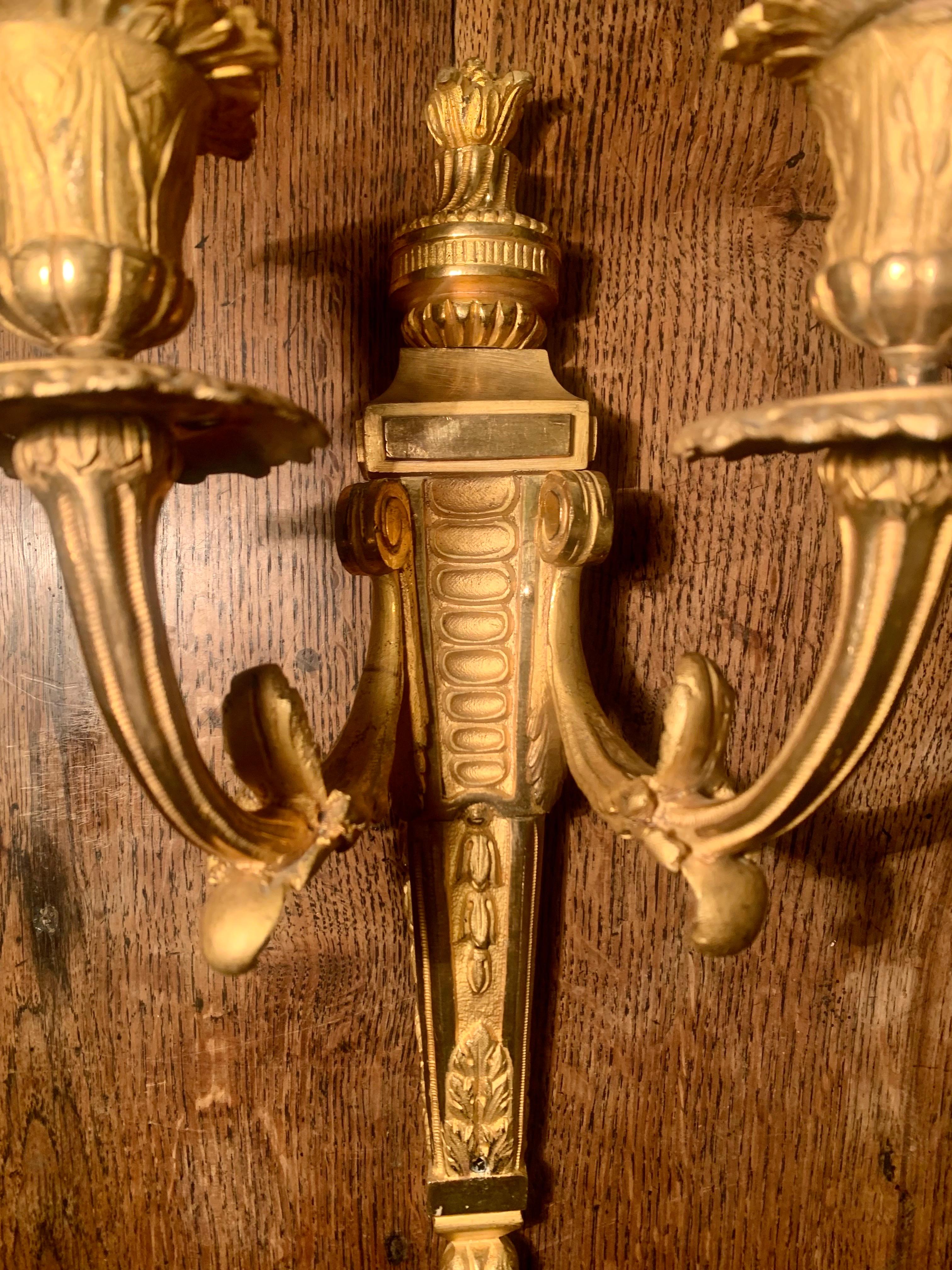 Pair of Louis XVI  Style Gilt Bronze Ormolu Two Arms Wall Sconces For Sale 7