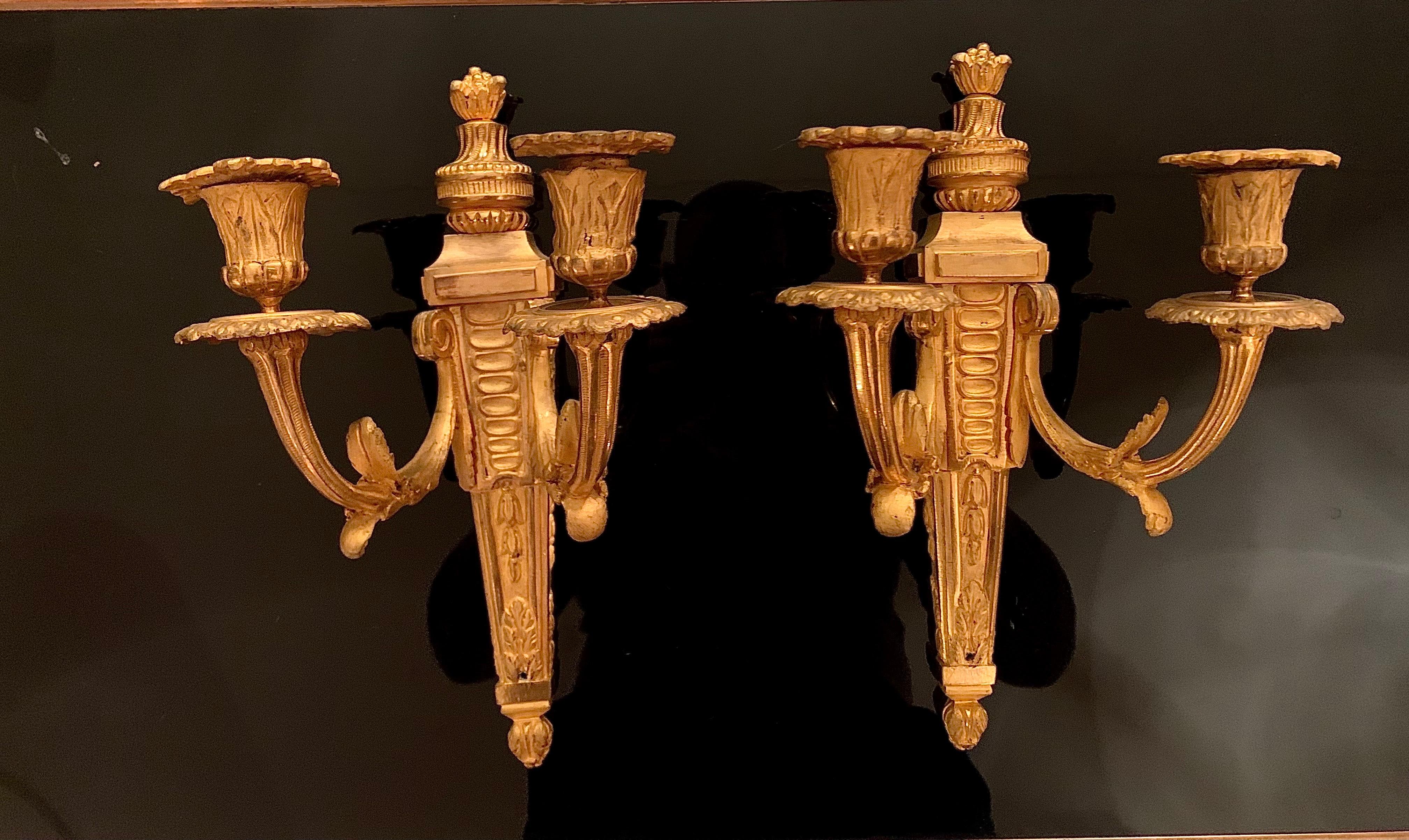 Pair of Louis XVI  Style Gilt Bronze Ormolu Two Arms Wall Sconces For Sale 9