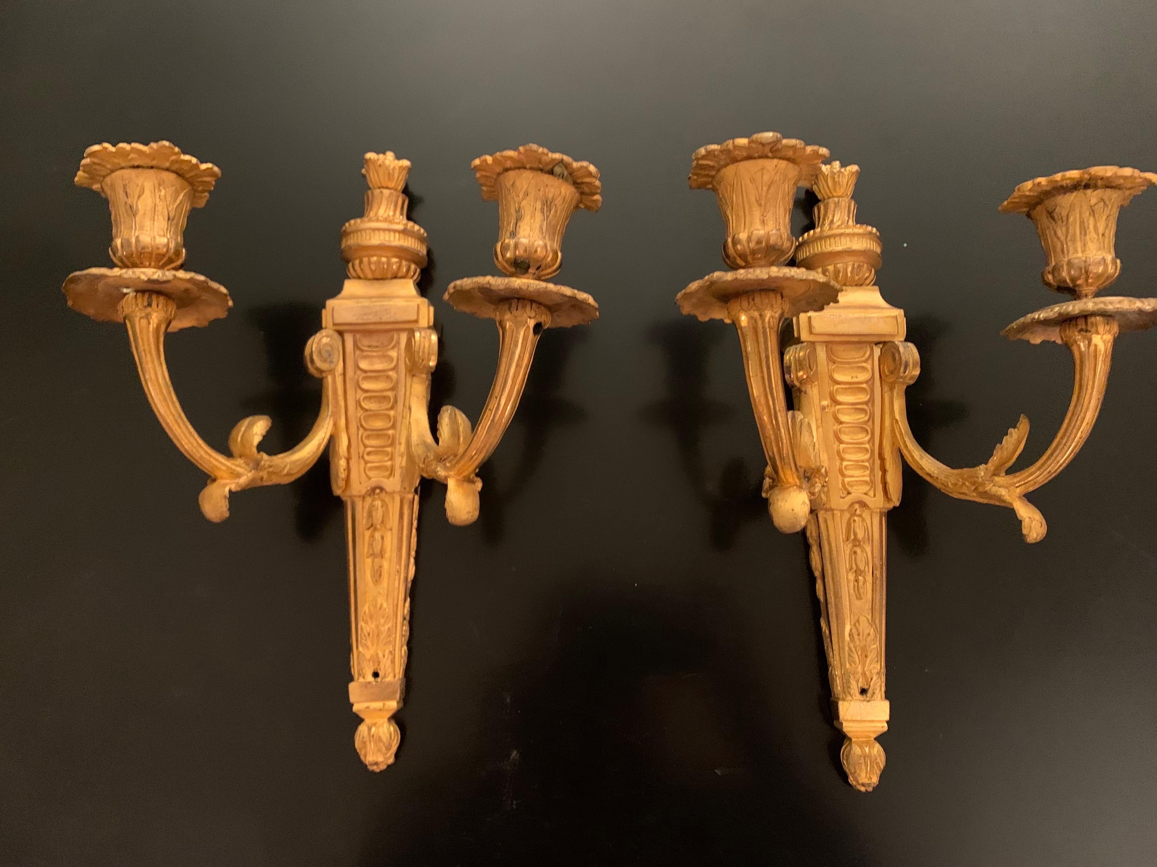 Pair of Louis XVI  Style Gilt Bronze Ormolu Two Arms Wall Sconces For Sale 14