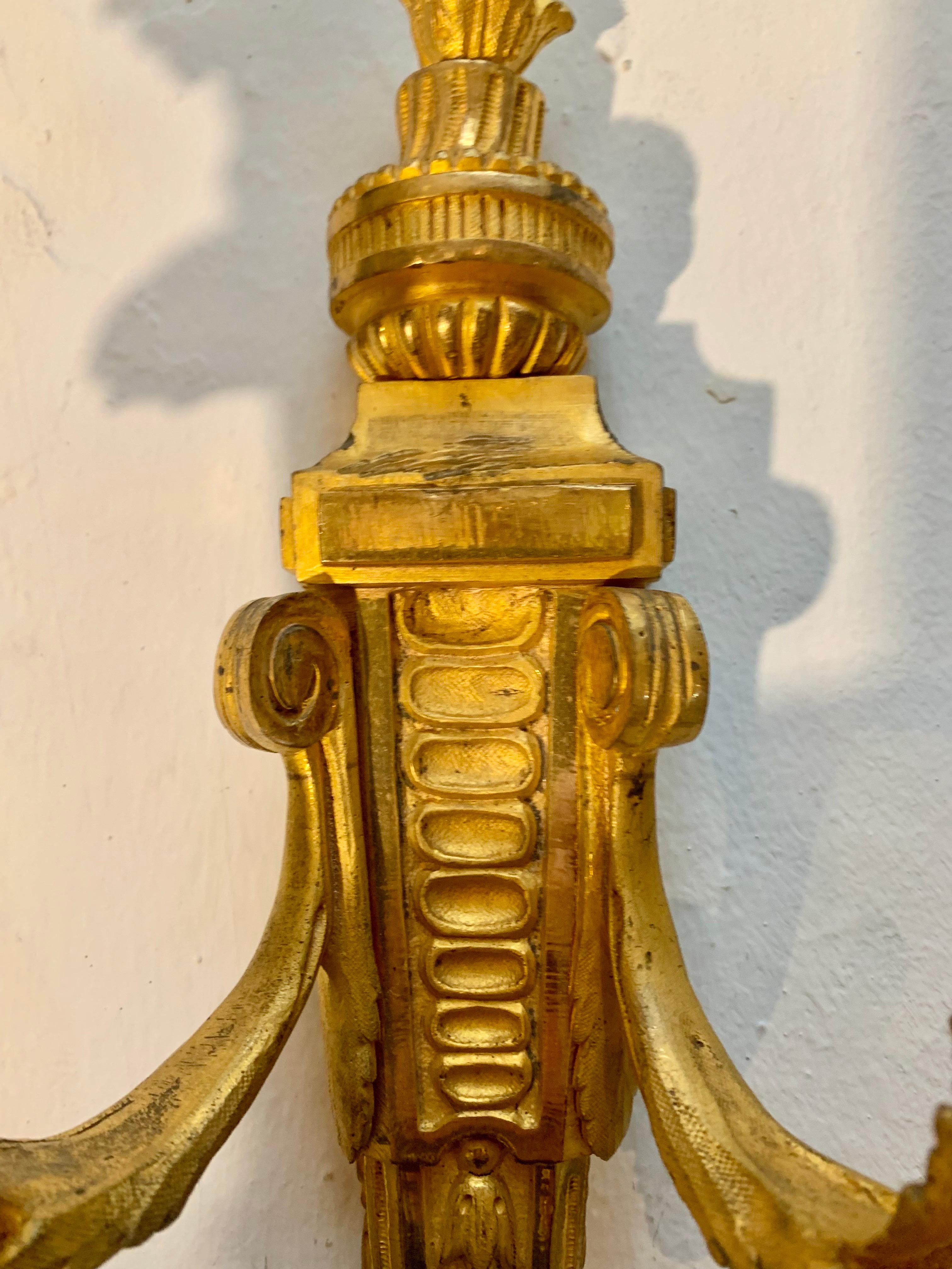 Pair of Louis XVI  Style Gilt Bronze Ormolu Two Arms Wall Sconces In Good Condition For Sale In Madrid, ES