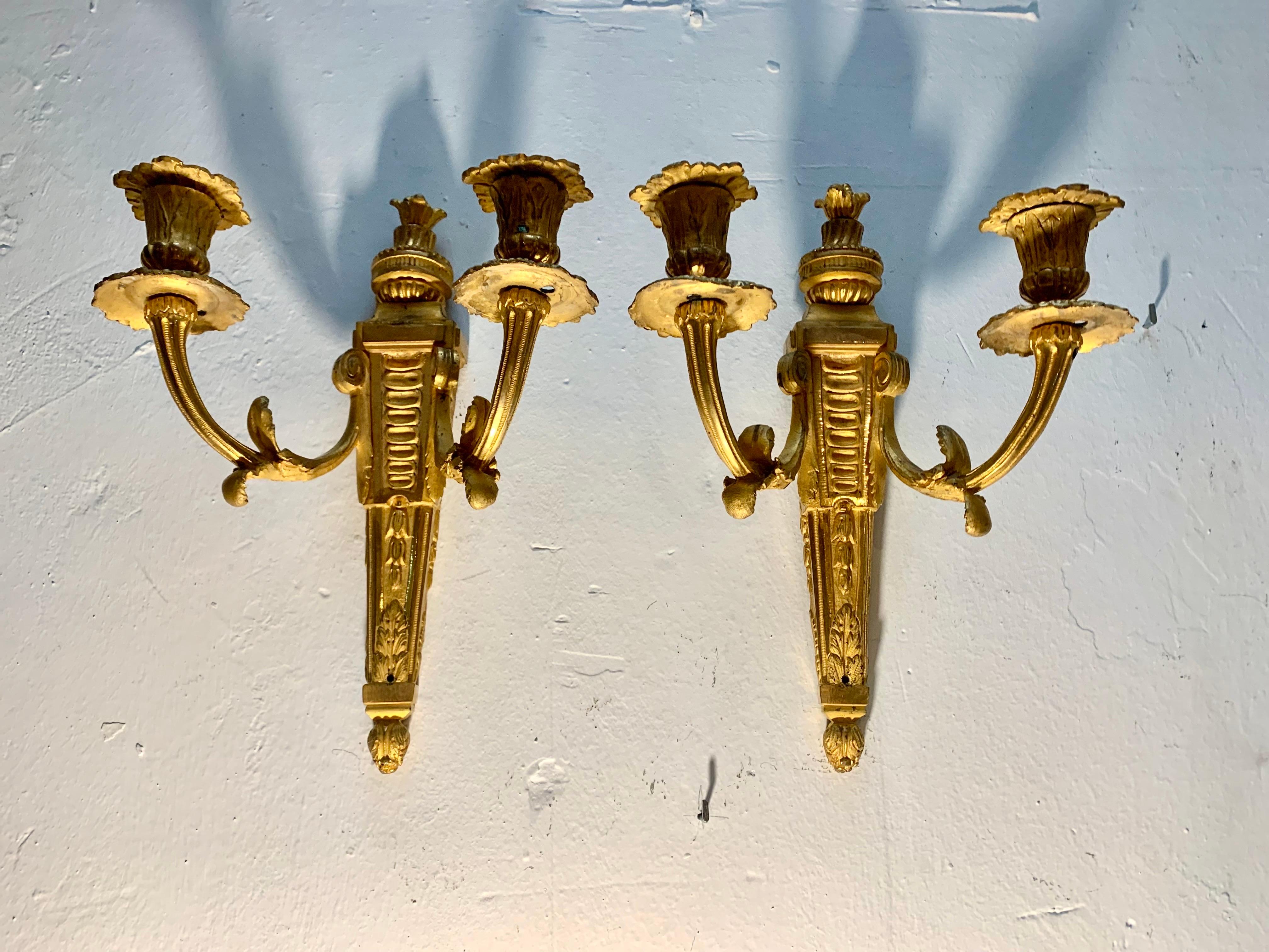 19th Century Pair of Louis XVI  Style Gilt Bronze Ormolu Two Arms Wall Sconces For Sale