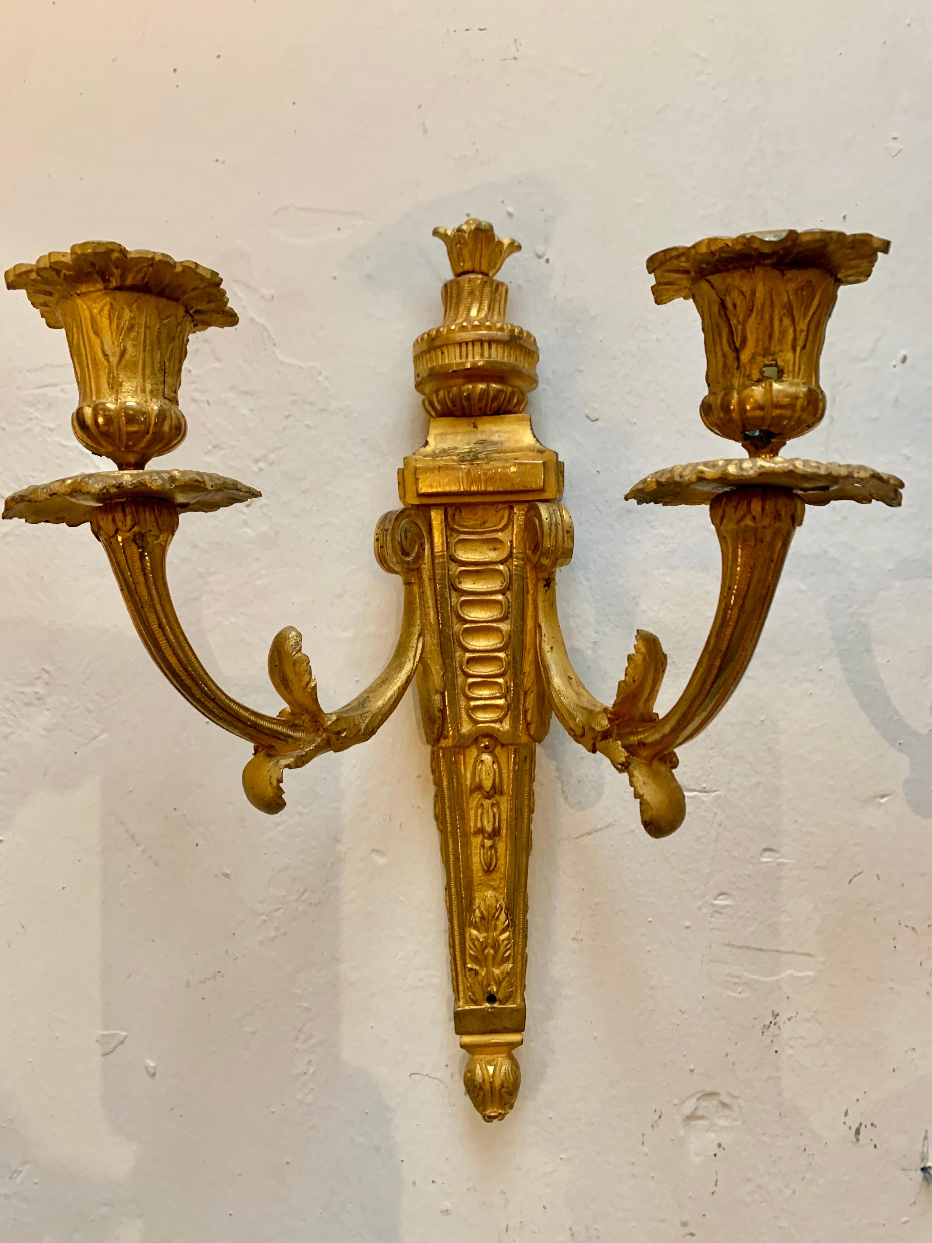 Pair of Louis XVI  Style Gilt Bronze Ormolu Two Arms Wall Sconces For Sale 1