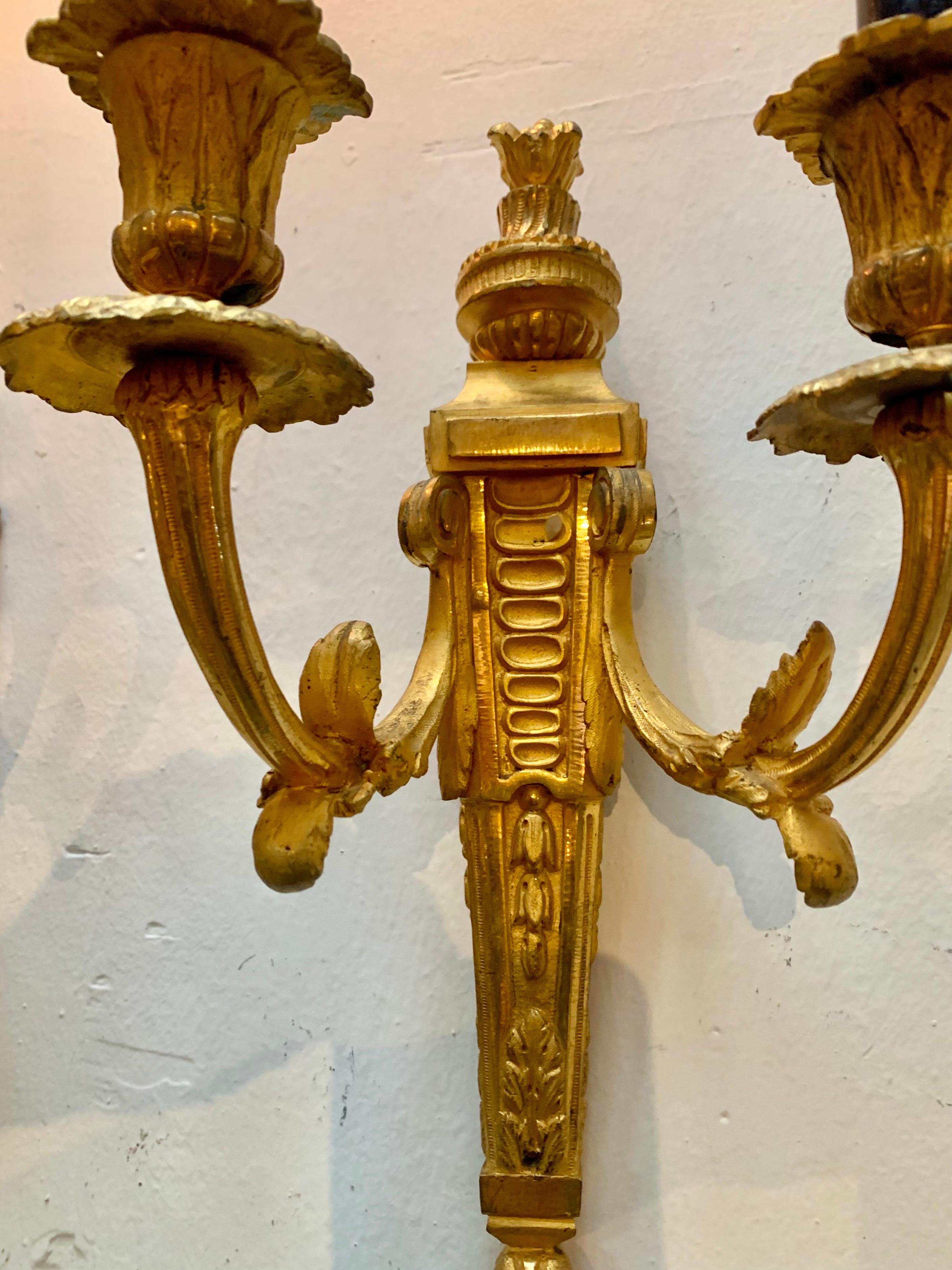 Pair of Louis XVI  Style Gilt Bronze Ormolu Two Arms Wall Sconces For Sale 3