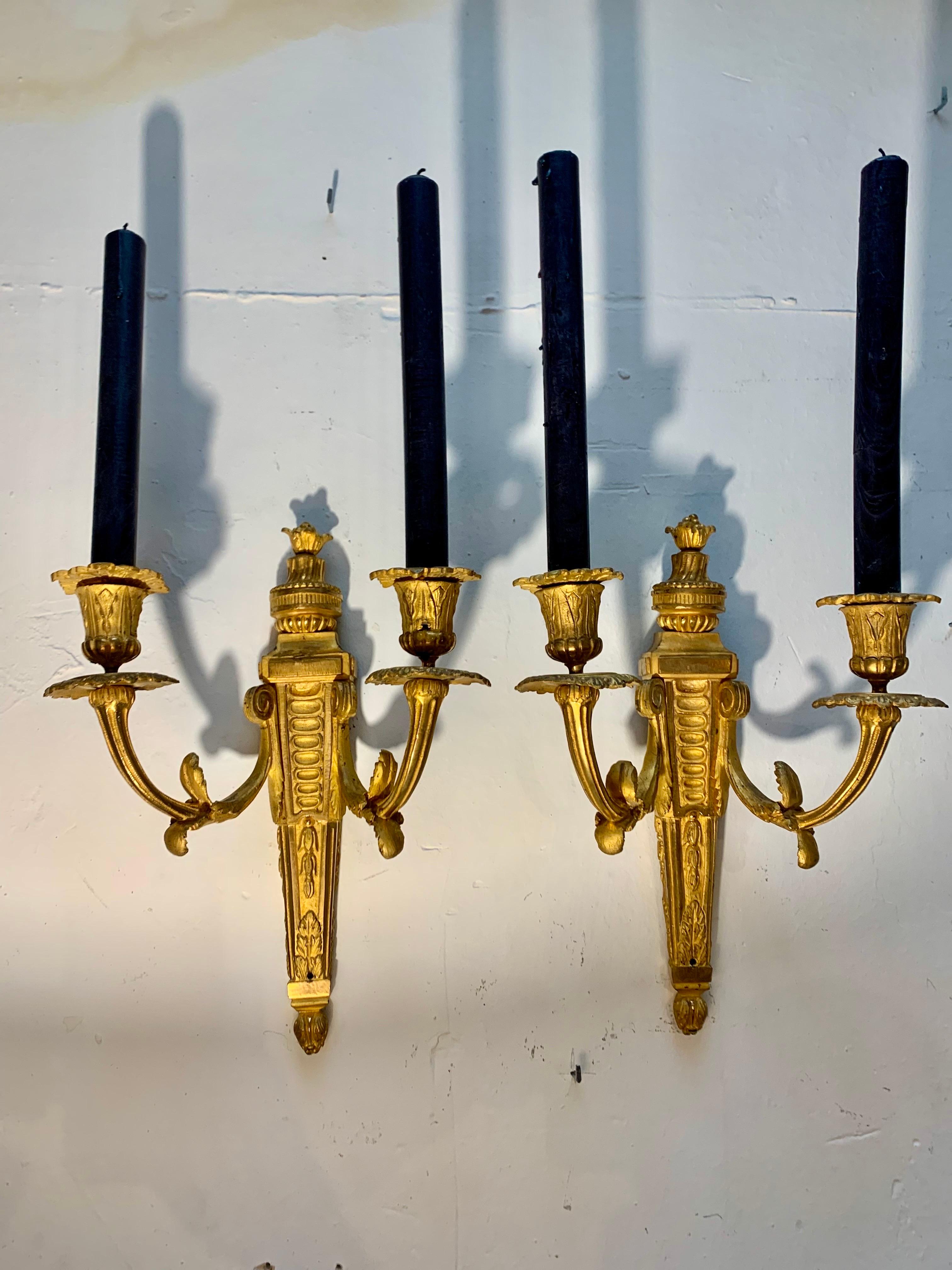 Pair of Louis XVI  Style Gilt Bronze Ormolu Two Arms Wall Sconces For Sale 4