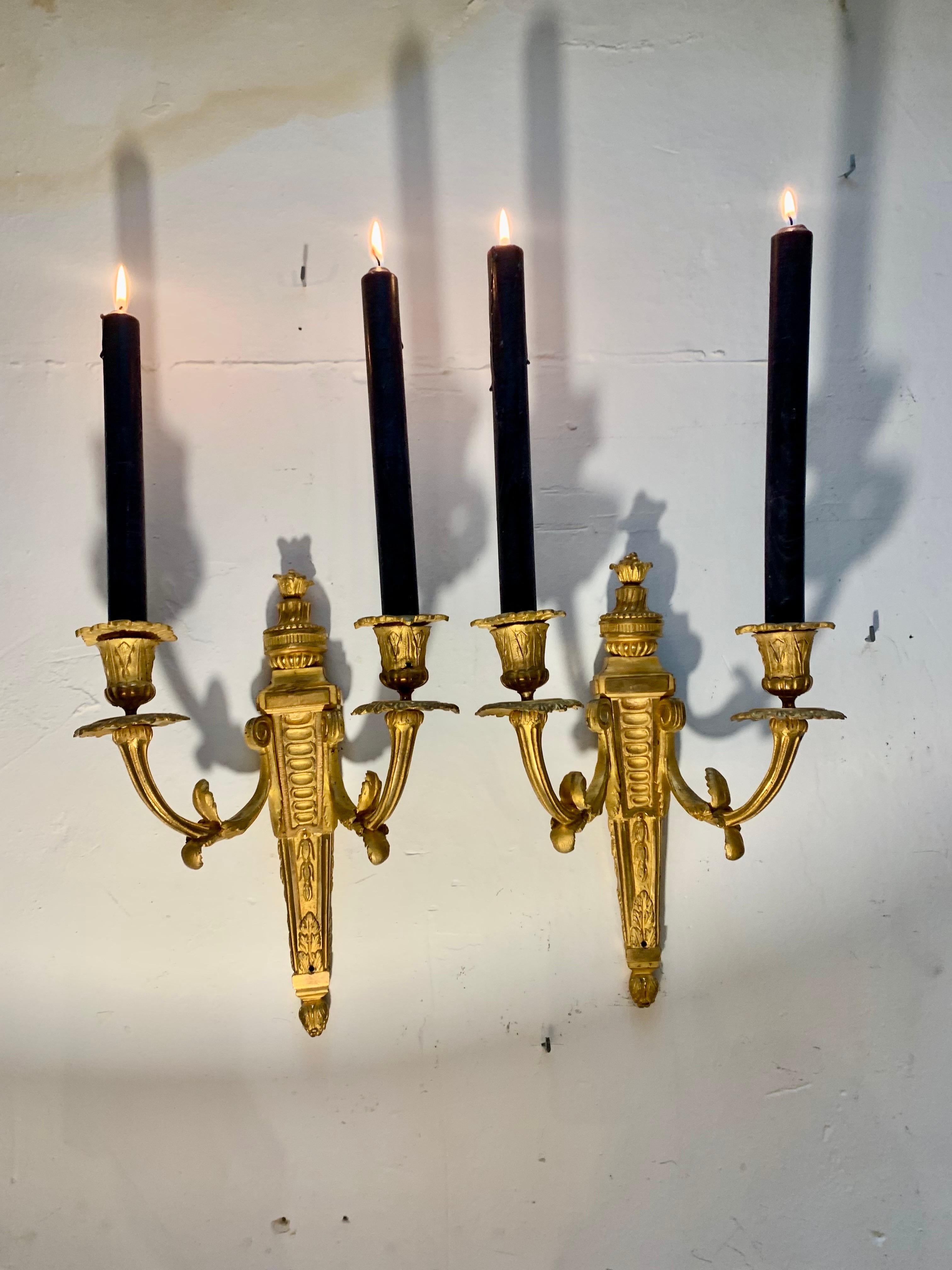 Pair of Louis XVI  Style Gilt Bronze Ormolu Two Arms Wall Sconces For Sale 5