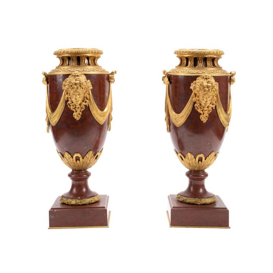 Pair of Louis XVI style Gilt Bronze & Rouge Griotte Marble Urns For Sale 2