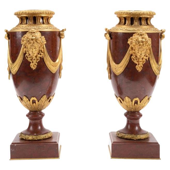 Pair of Louis XVI style Gilt Bronze & Rouge Griotte Marble Urns For Sale