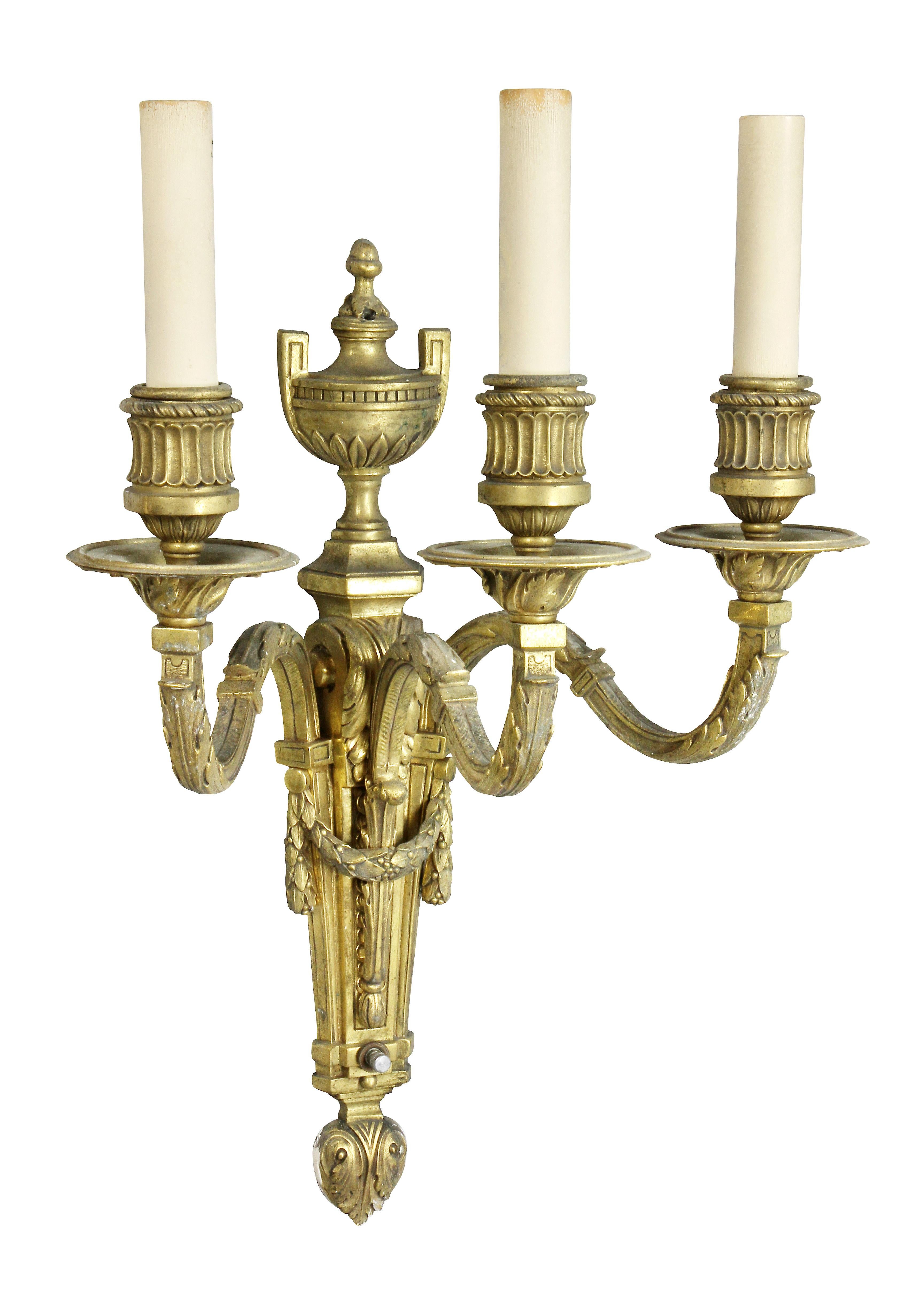 French Pair of Louis XVI Style Gilt Bronze Wall Lights by E.F.Caldwell & Co For Sale