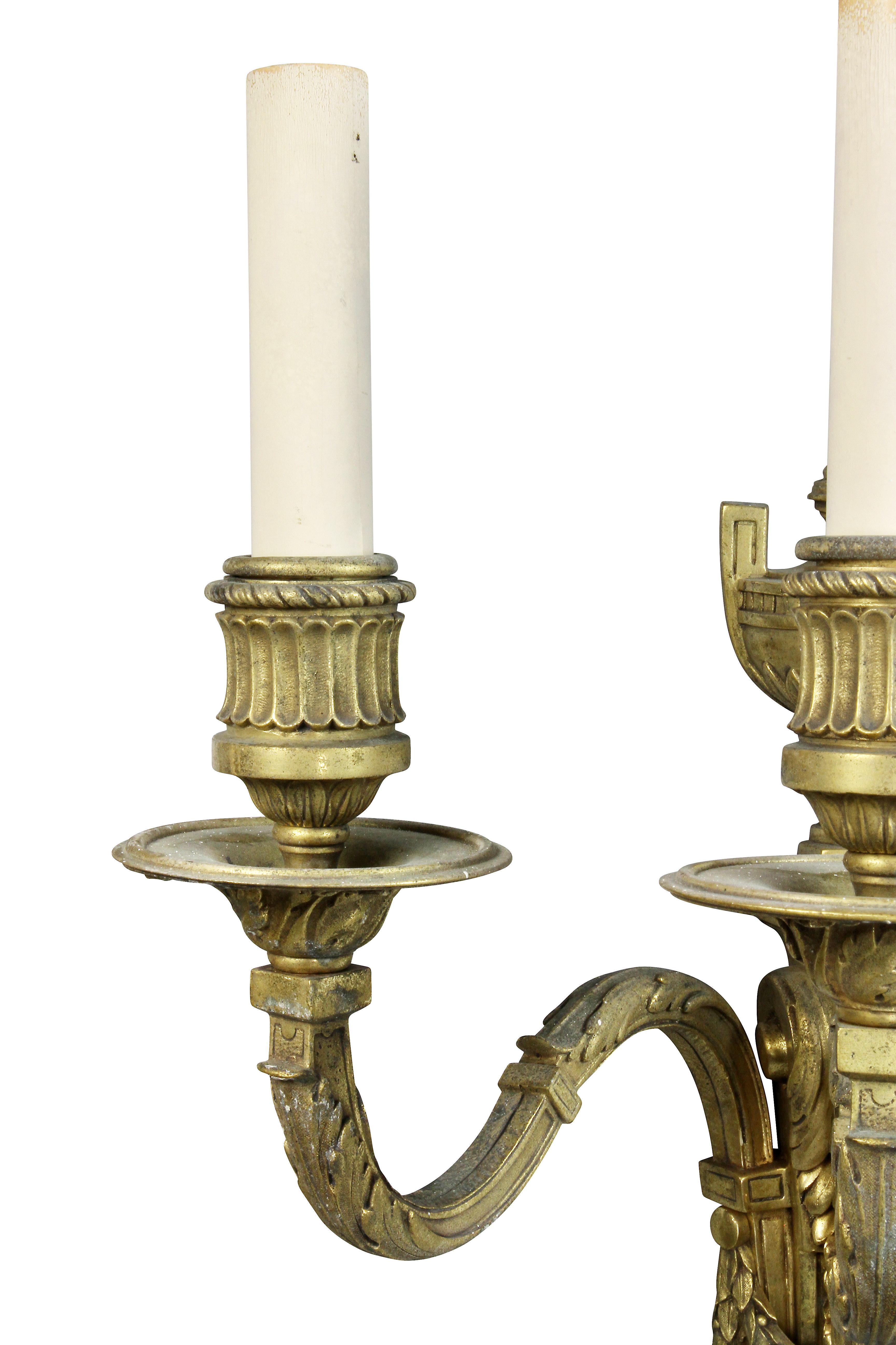 Late 18th Century Pair of Louis XVI Style Gilt Bronze Wall Lights by E.F.Caldwell & Co For Sale
