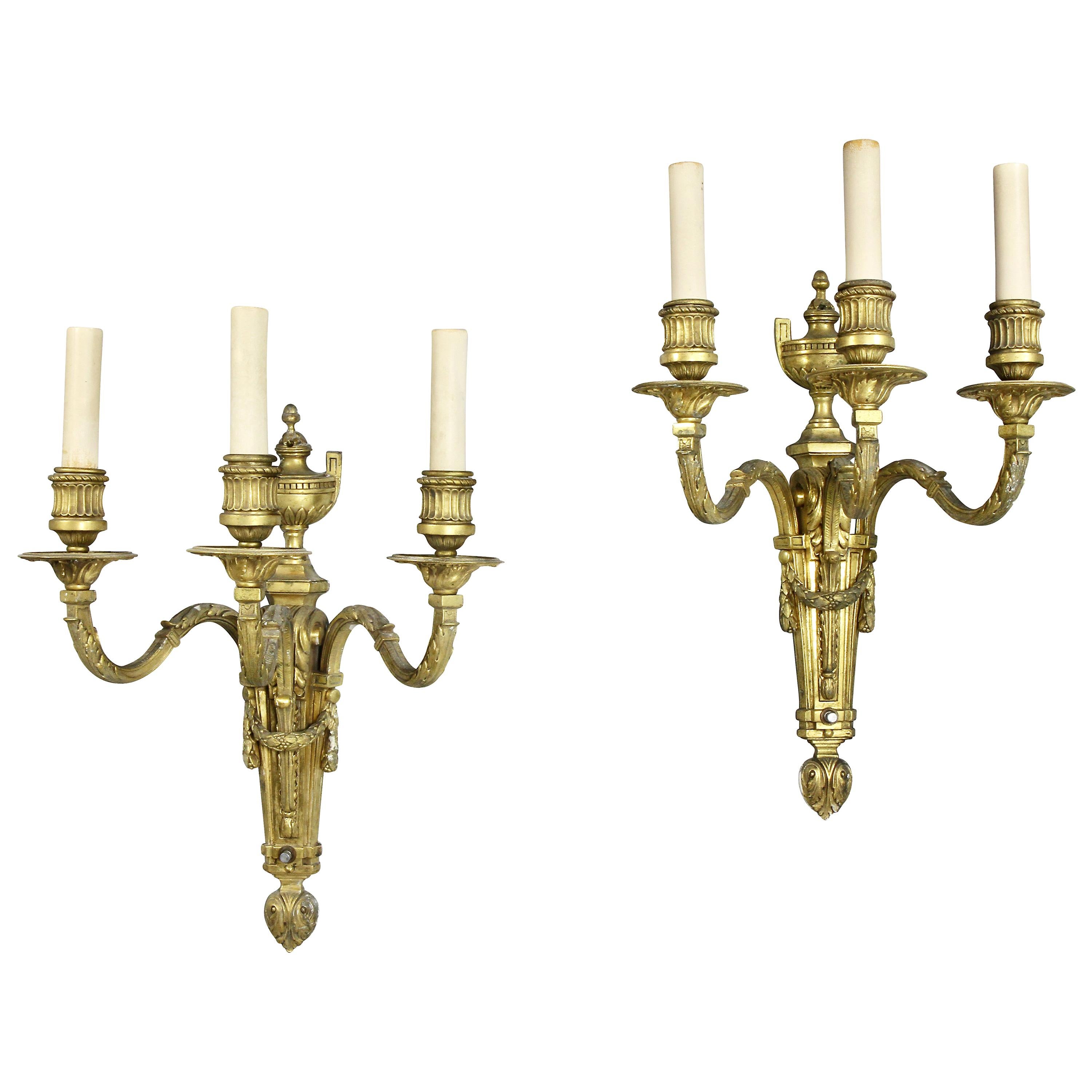 Pair of Louis XVI Style Gilt Bronze Wall Lights by E.F.Caldwell & Co For Sale
