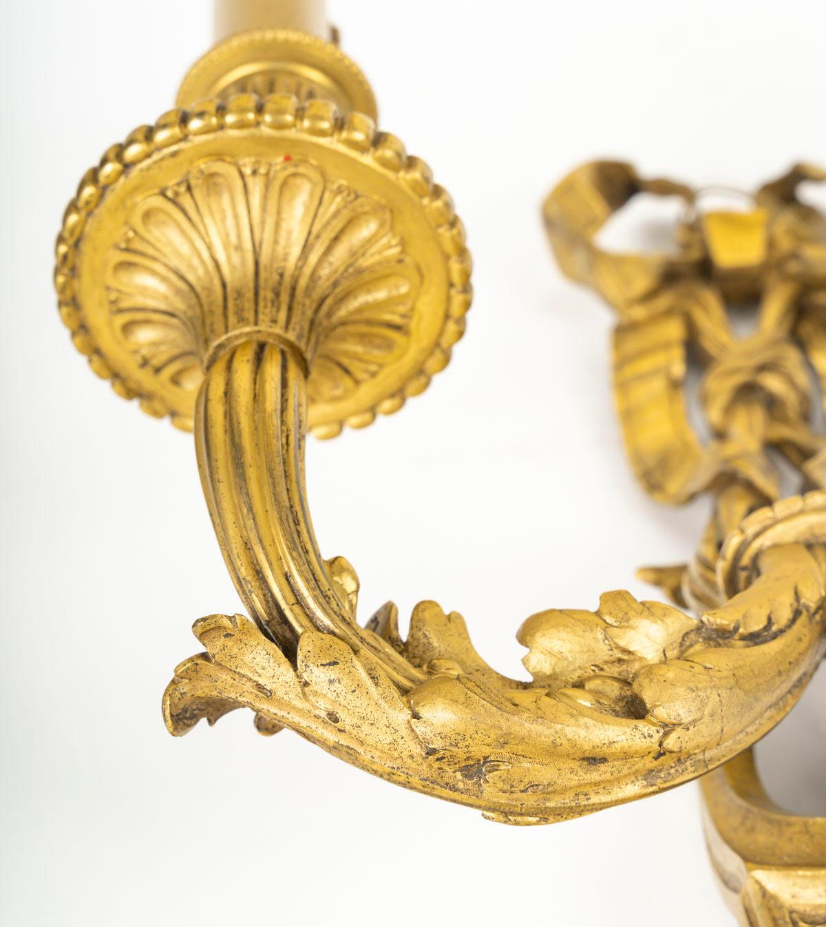 19th Century Pair of Louis XVI Style Gilt Bronze Wall Lights, Napoleon III Period. For Sale