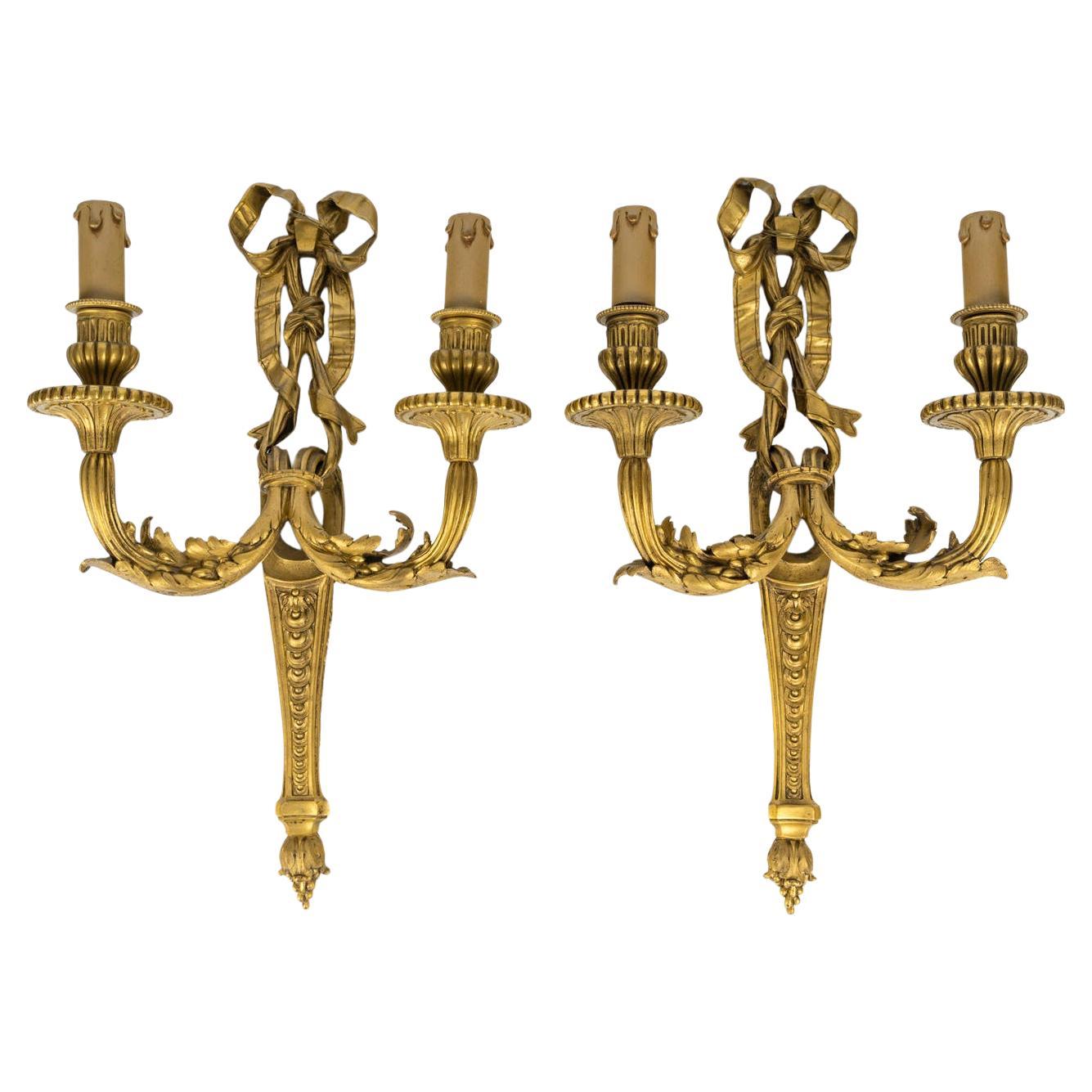 Pair of Louis XVI Style Gilt Bronze Wall Lights, Napoleon III Period. For Sale