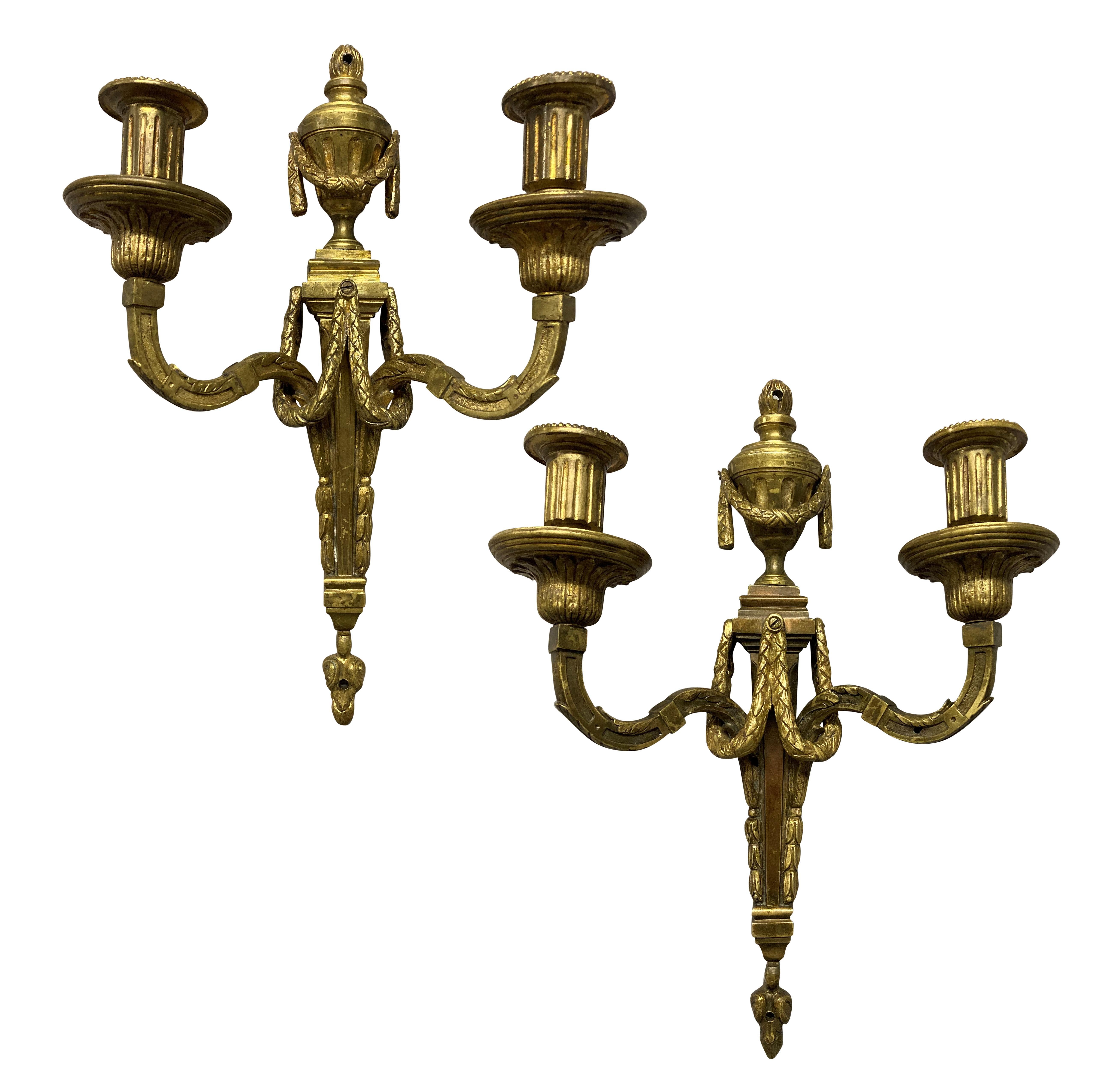 Pair Of Louis XVI Style Gilt Bronze Wall Sconces For Sale