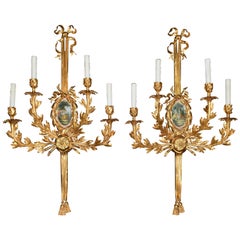 Vintage Pair of Louis XVI Style Gilt-Bronze Wall Sconces, Four-Light