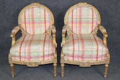Pair of Louis XVI Style Gilt Carved Arm Chairs With Plaid Upholstery