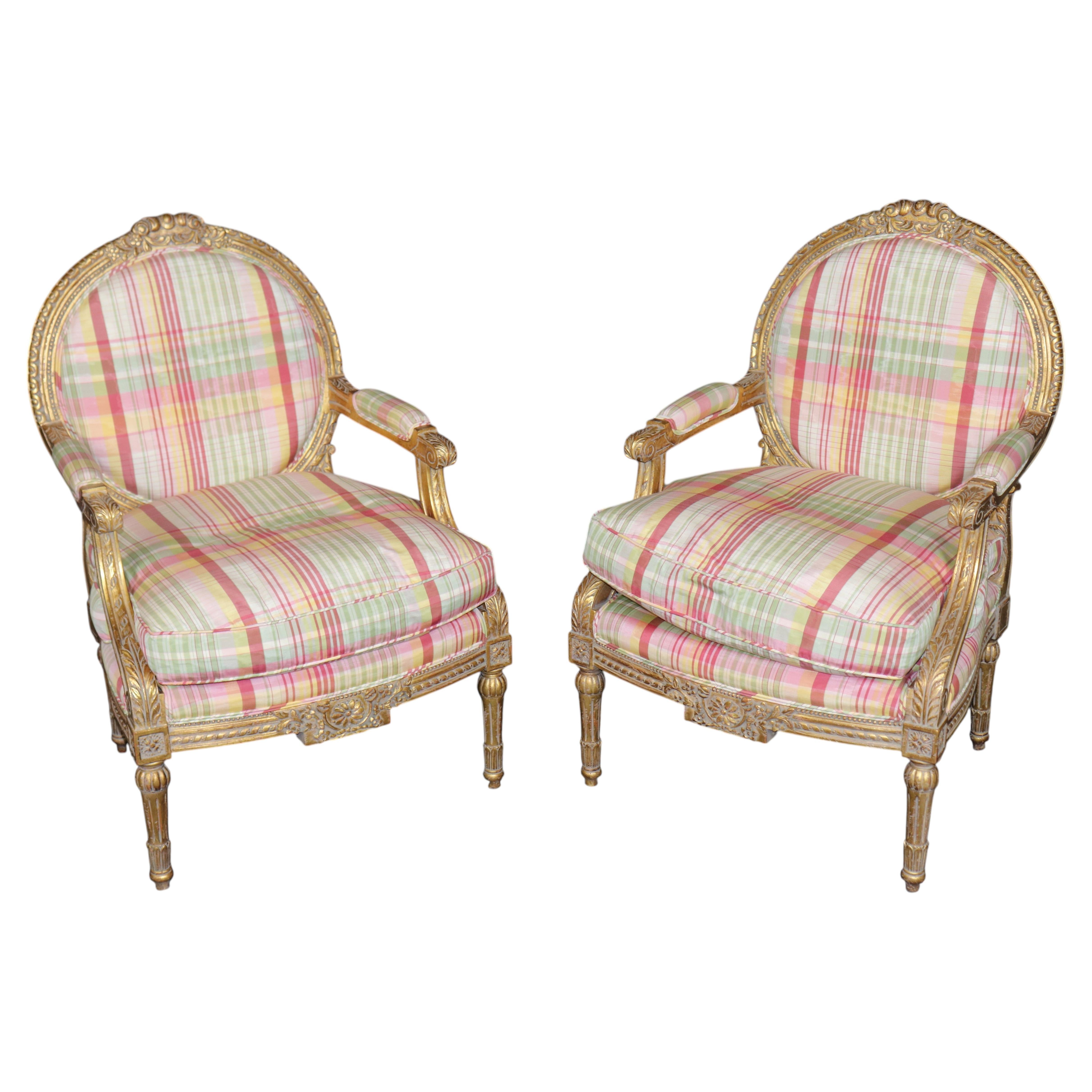 Pair of Louis XVI Style Gilt Carved Arm Chairs With Plaid Upholstery