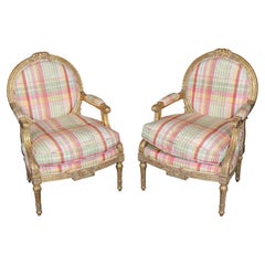 Pair of Louis XVI Style Gilt Carved Arm Chairs With Plaid Upholstery