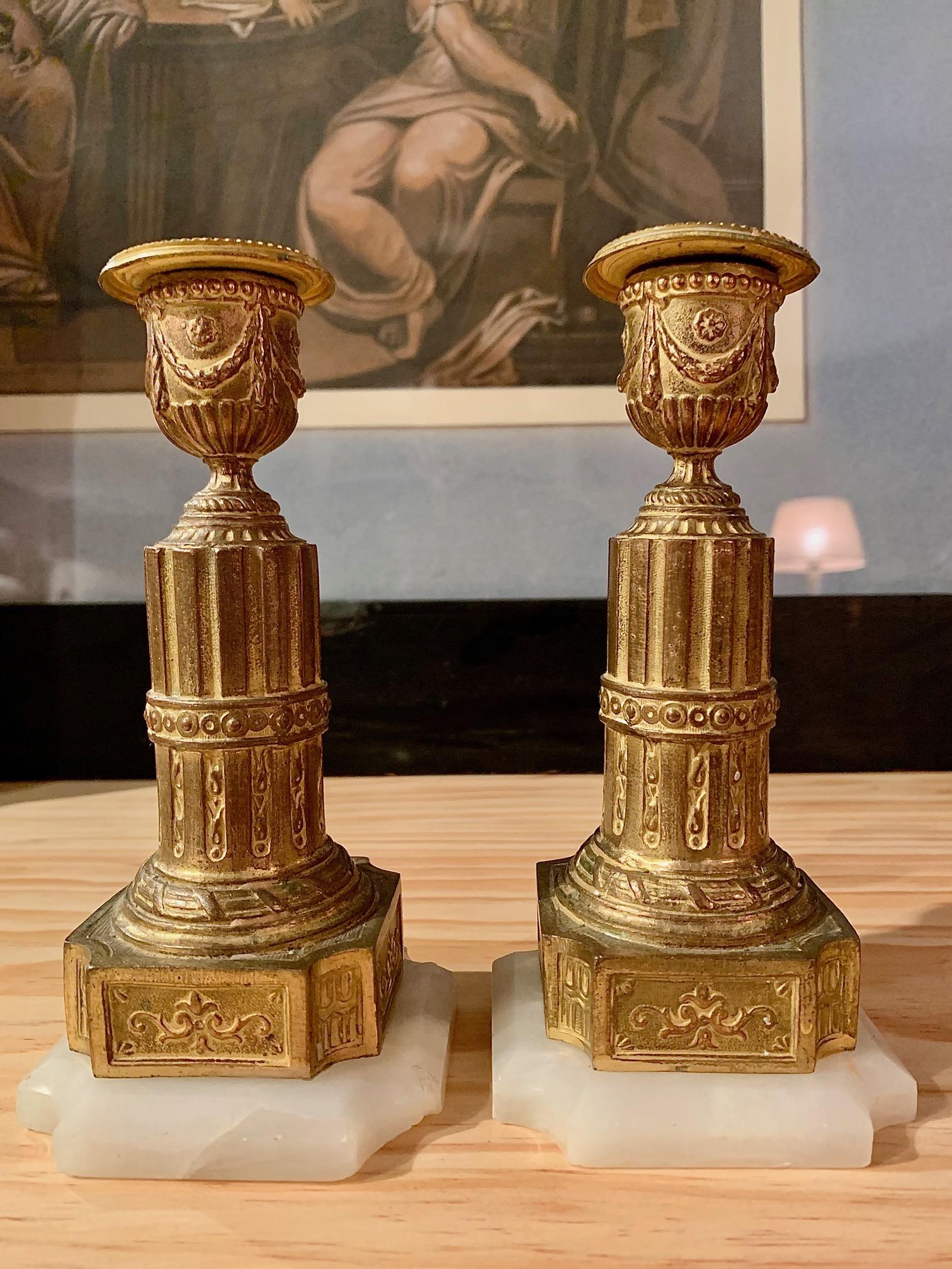 19th Century Pair of Louis XVI Style Gilt Metal and Alabaster Candlesticks For Sale