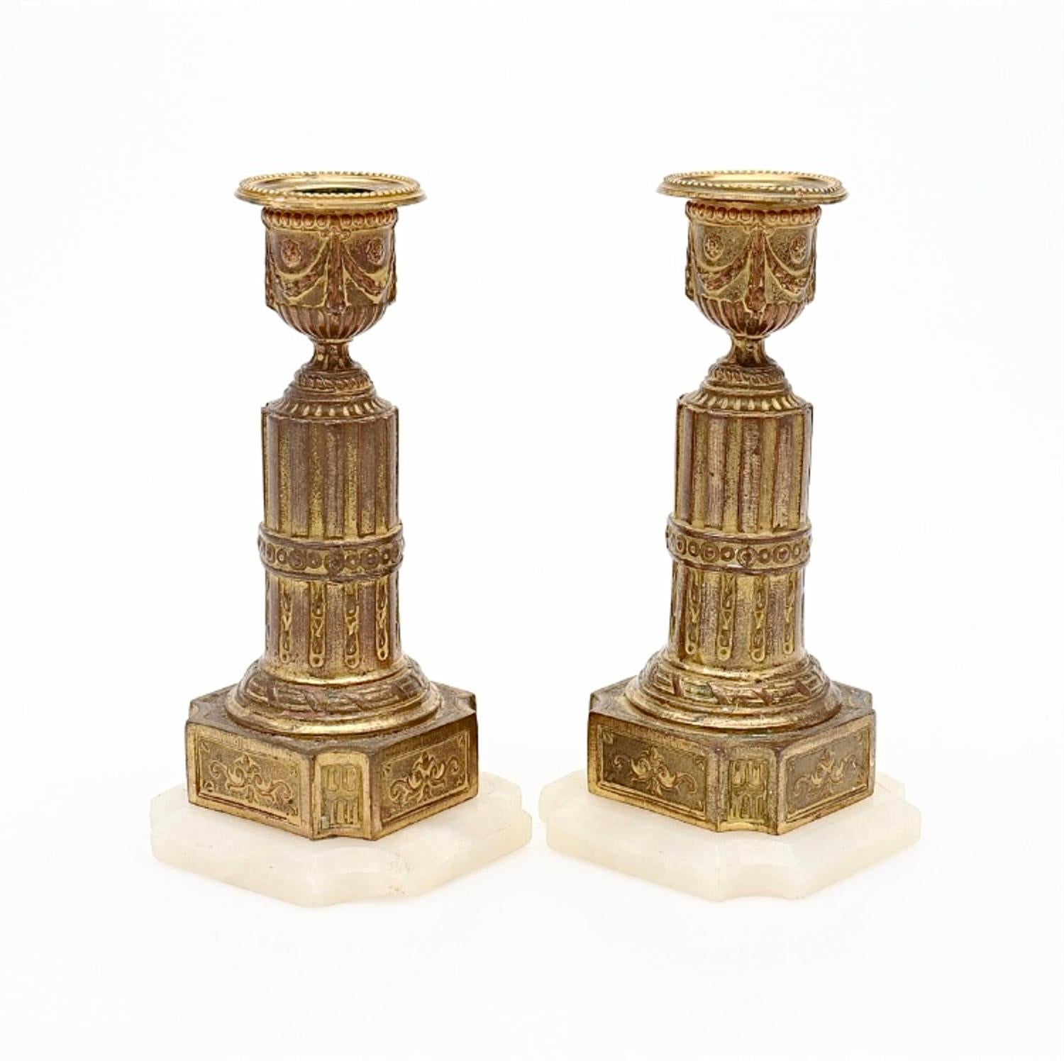 Pair of Louis XVI Style Gilt Metal and Alabaster Candlesticks For Sale 1