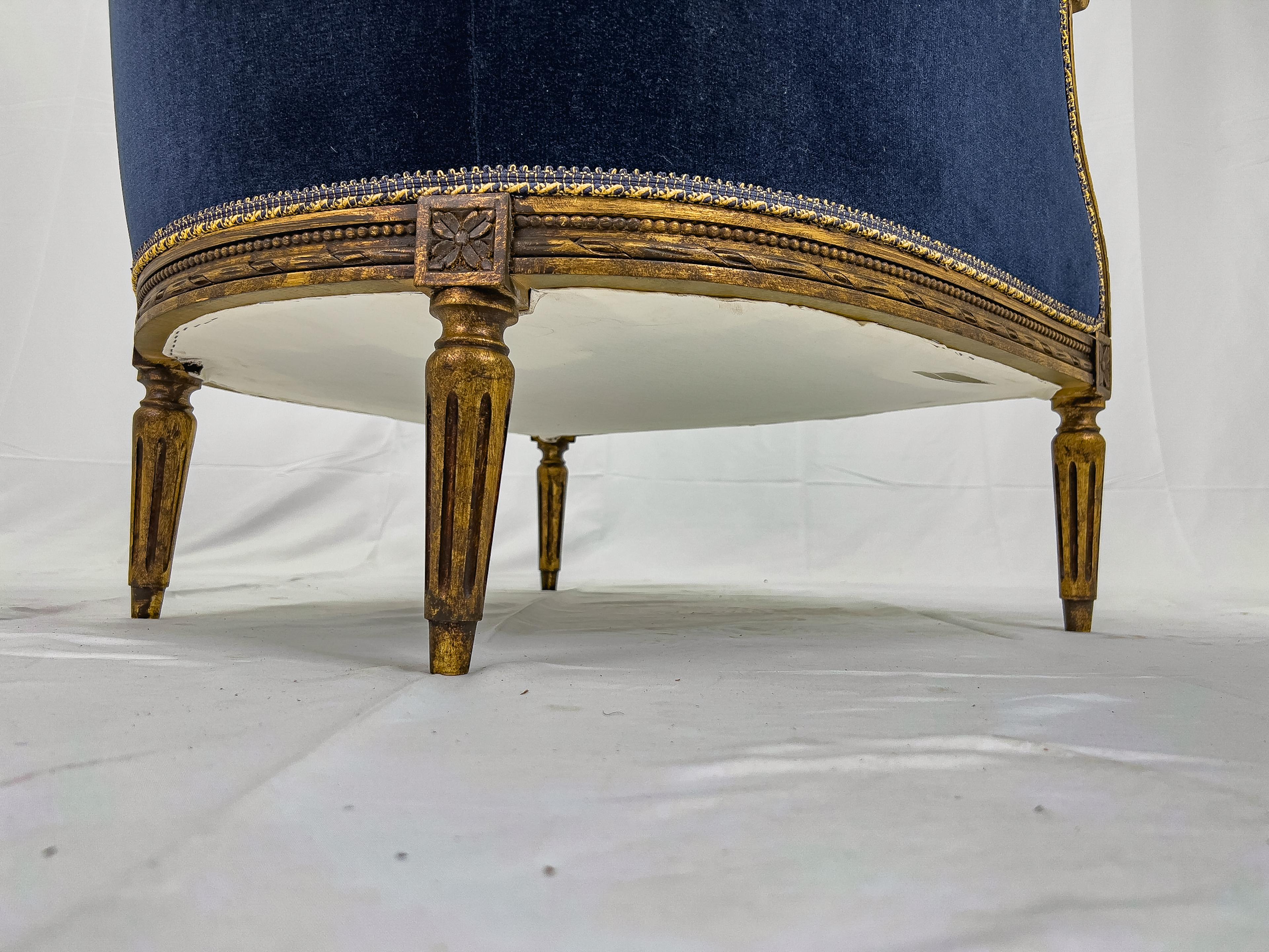 Pair of Louis XVI Style Gilt Wood Blue Velvet Bergère Chairs 3