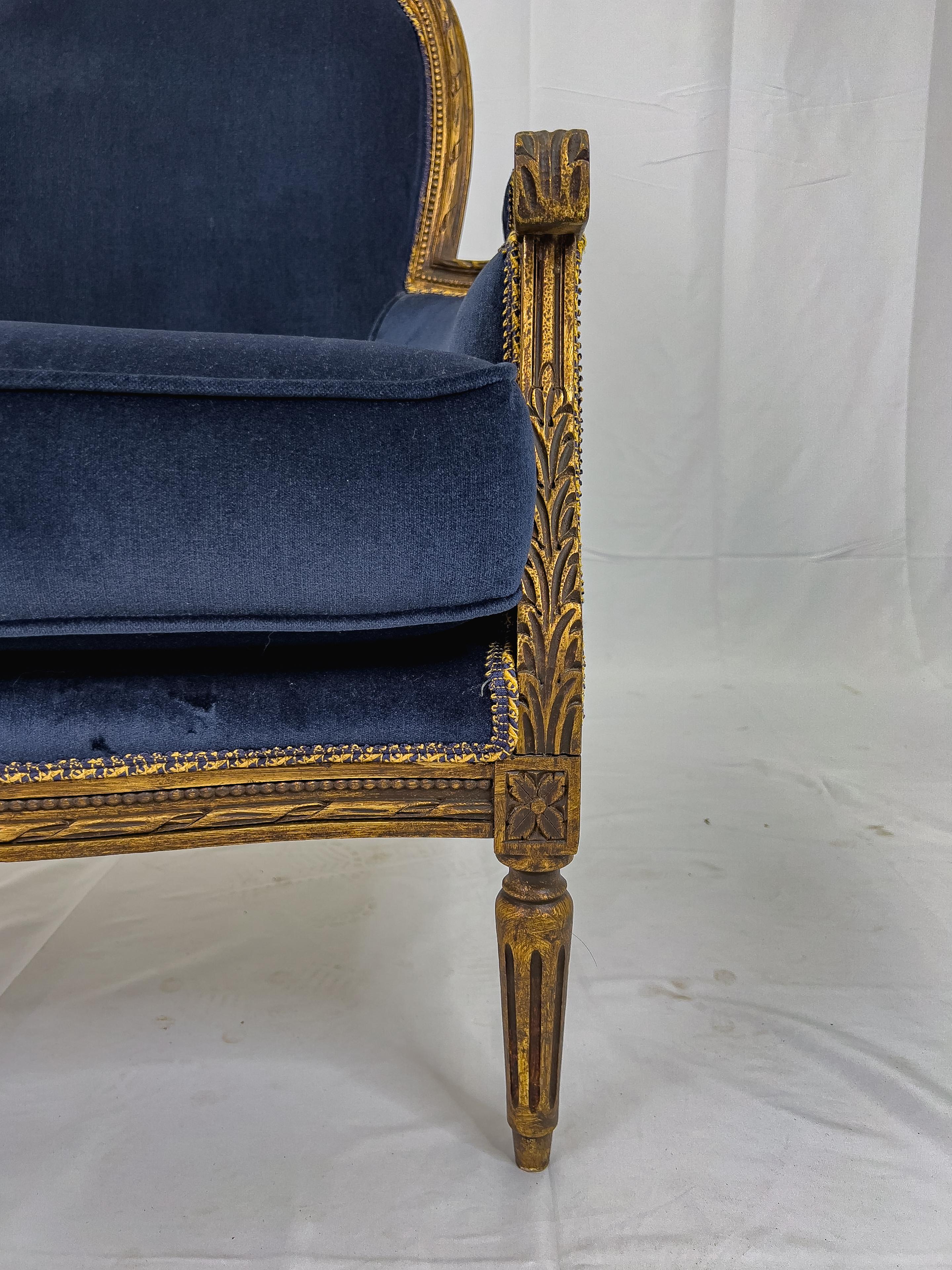 French Pair of Louis XVI Style Gilt Wood Blue Velvet Bergère Chairs