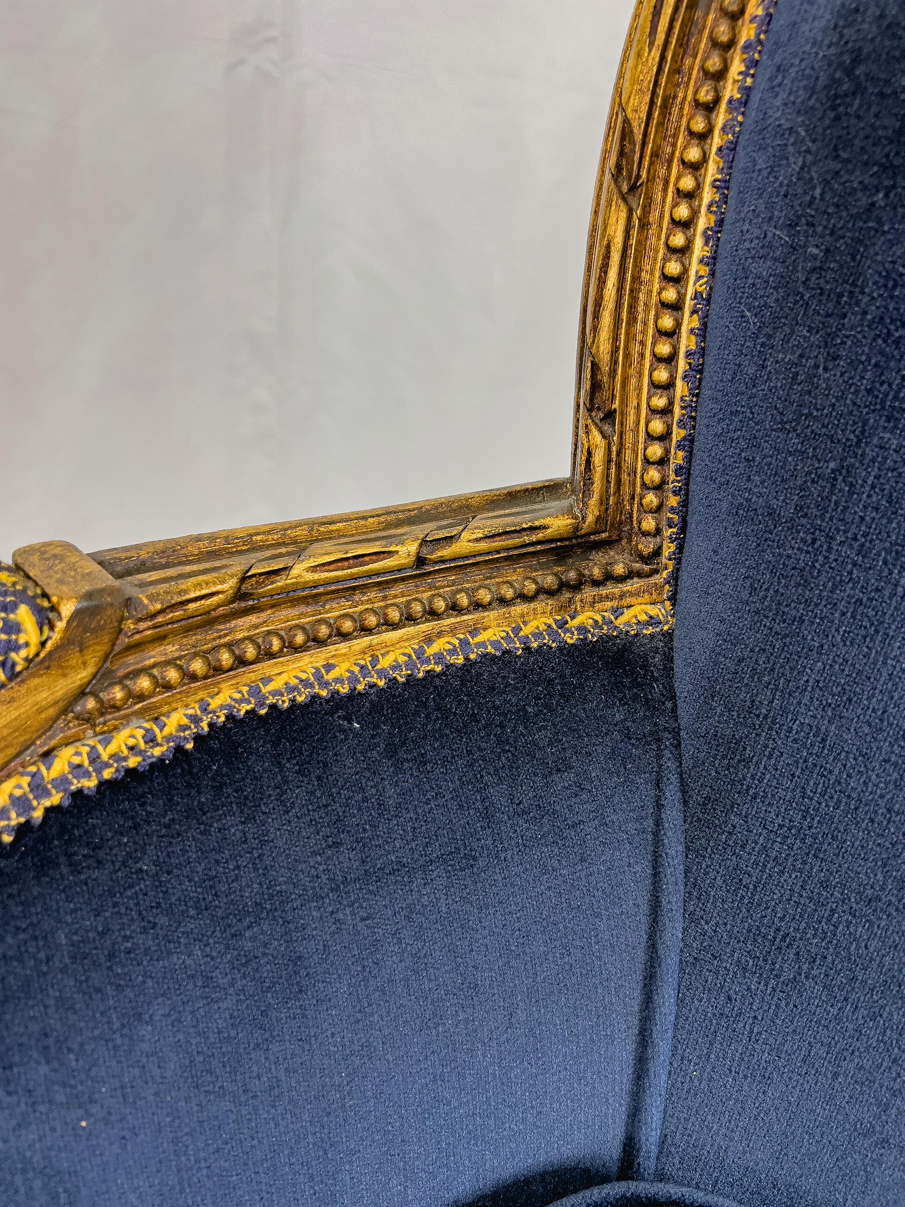 Pair of Louis XVI Style Gilt Wood Blue Velvet Bergère Chairs In Good Condition In Houston, TX