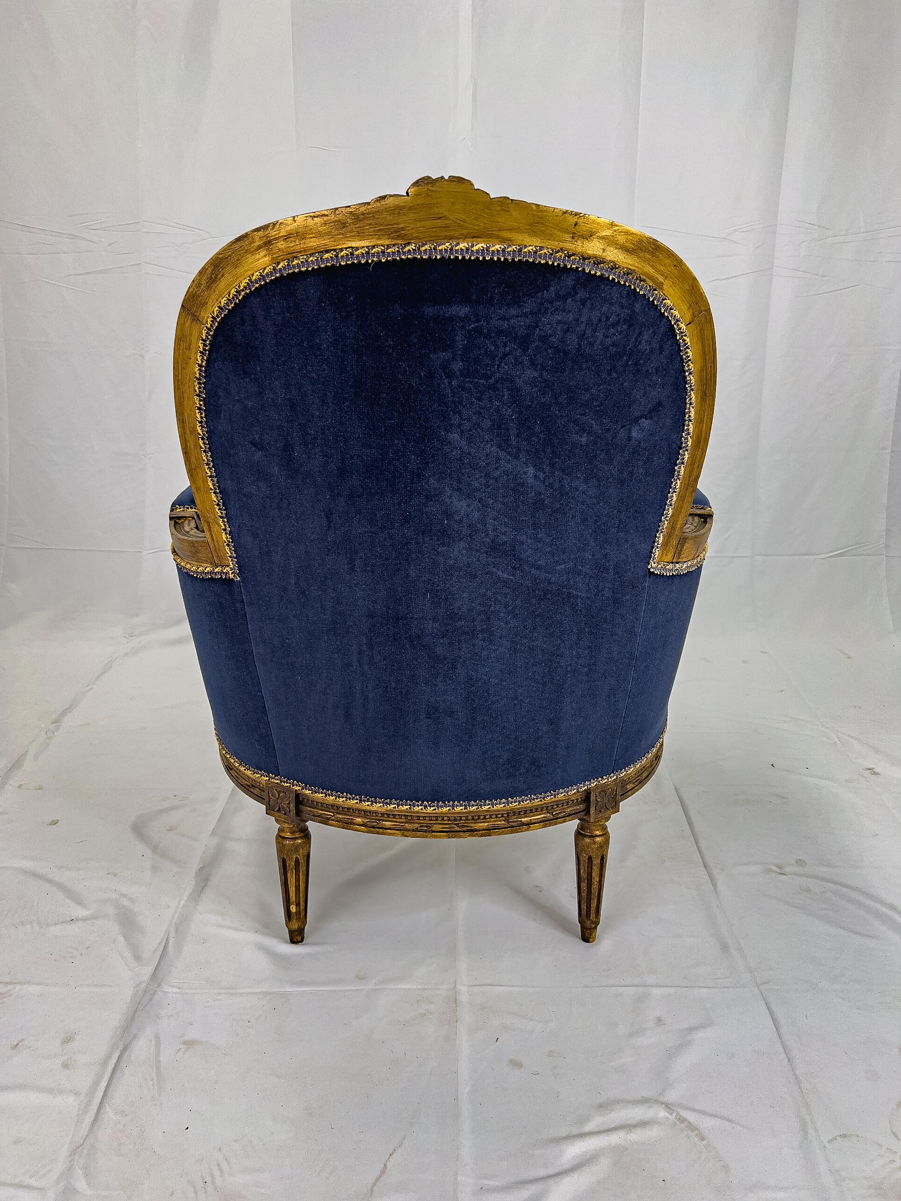 Pair of Louis XVI Style Gilt Wood Blue Velvet Bergère Chairs 1