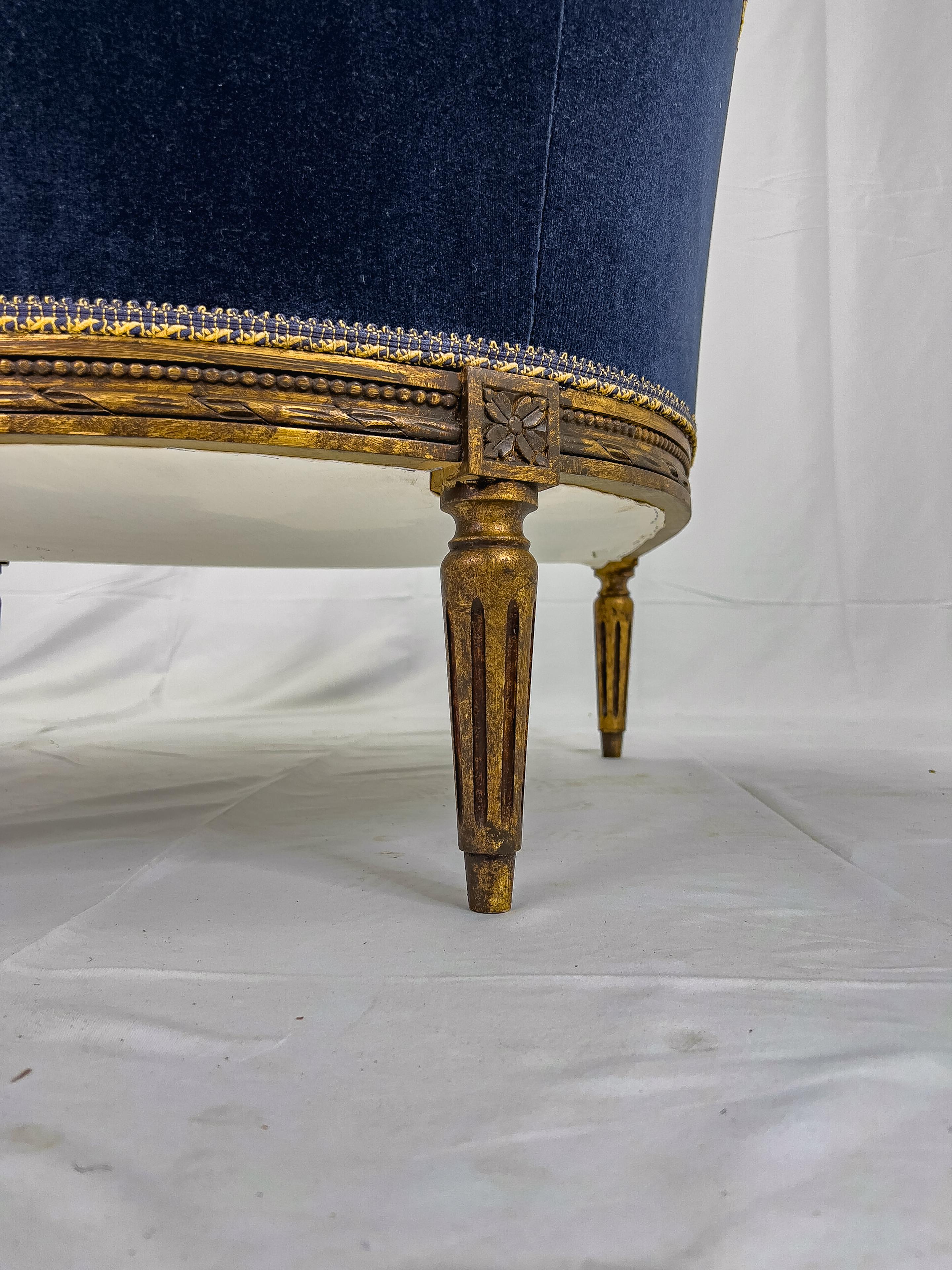 Pair of Louis XVI Style Gilt Wood Blue Velvet Bergère Chairs 2