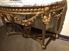 Pair of Louis XVI Style Giltwood Consoles with White and Gray Marble Tops