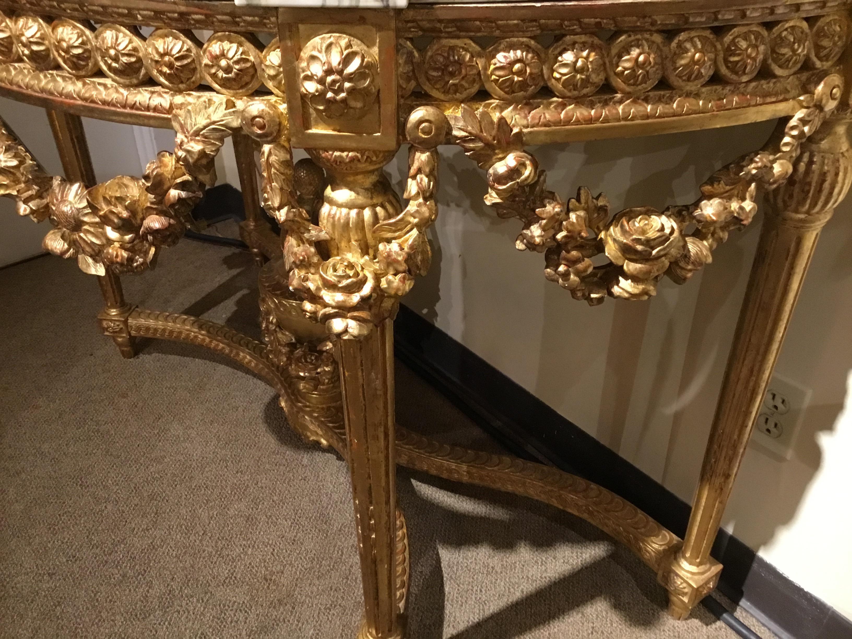 Pair of Louis XVI Style Giltwood Consoles with White and Gray Marble Tops In Good Condition For Sale In Houston, TX
