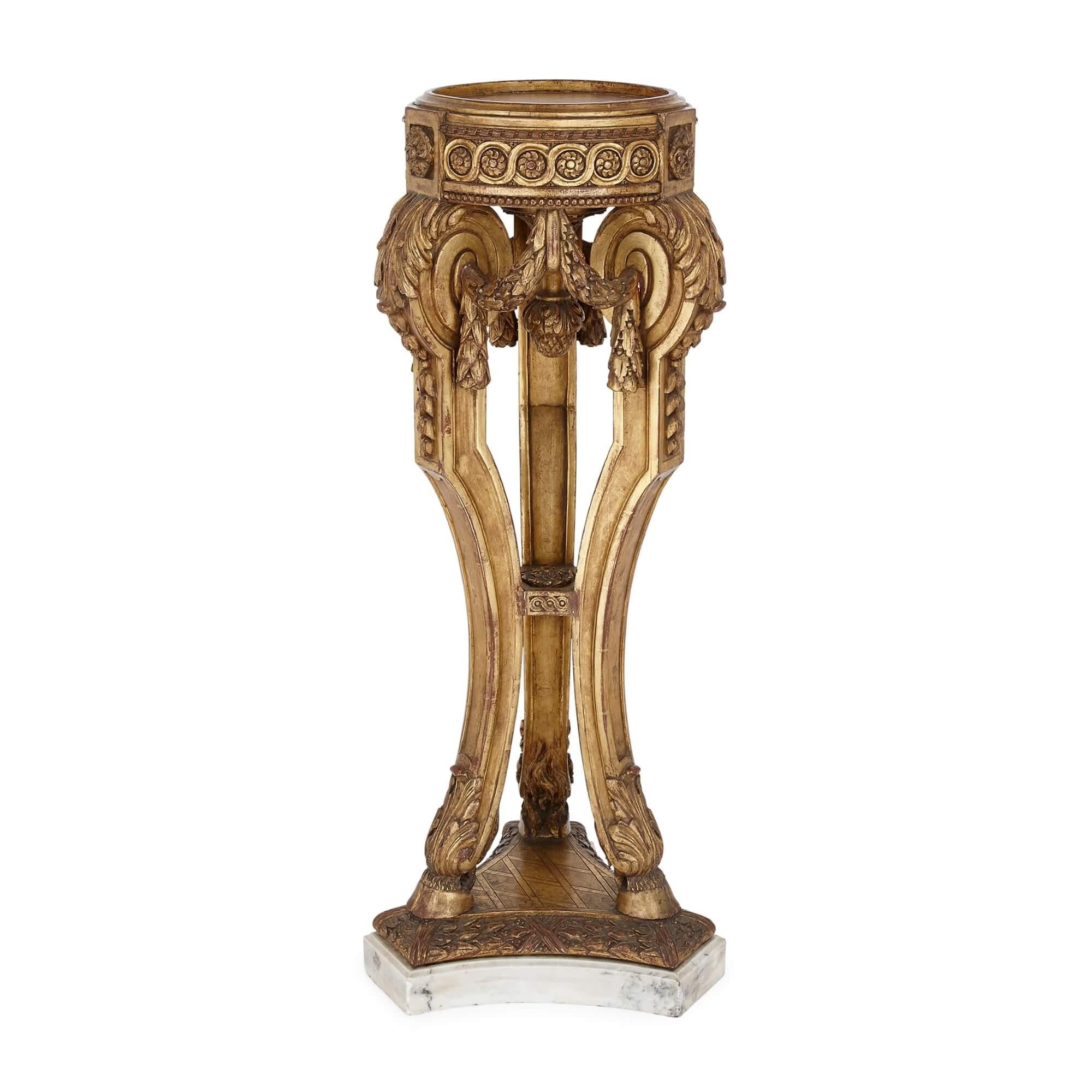 Gilt Pair of Louis XVI style giltwood and marble pedestals For Sale