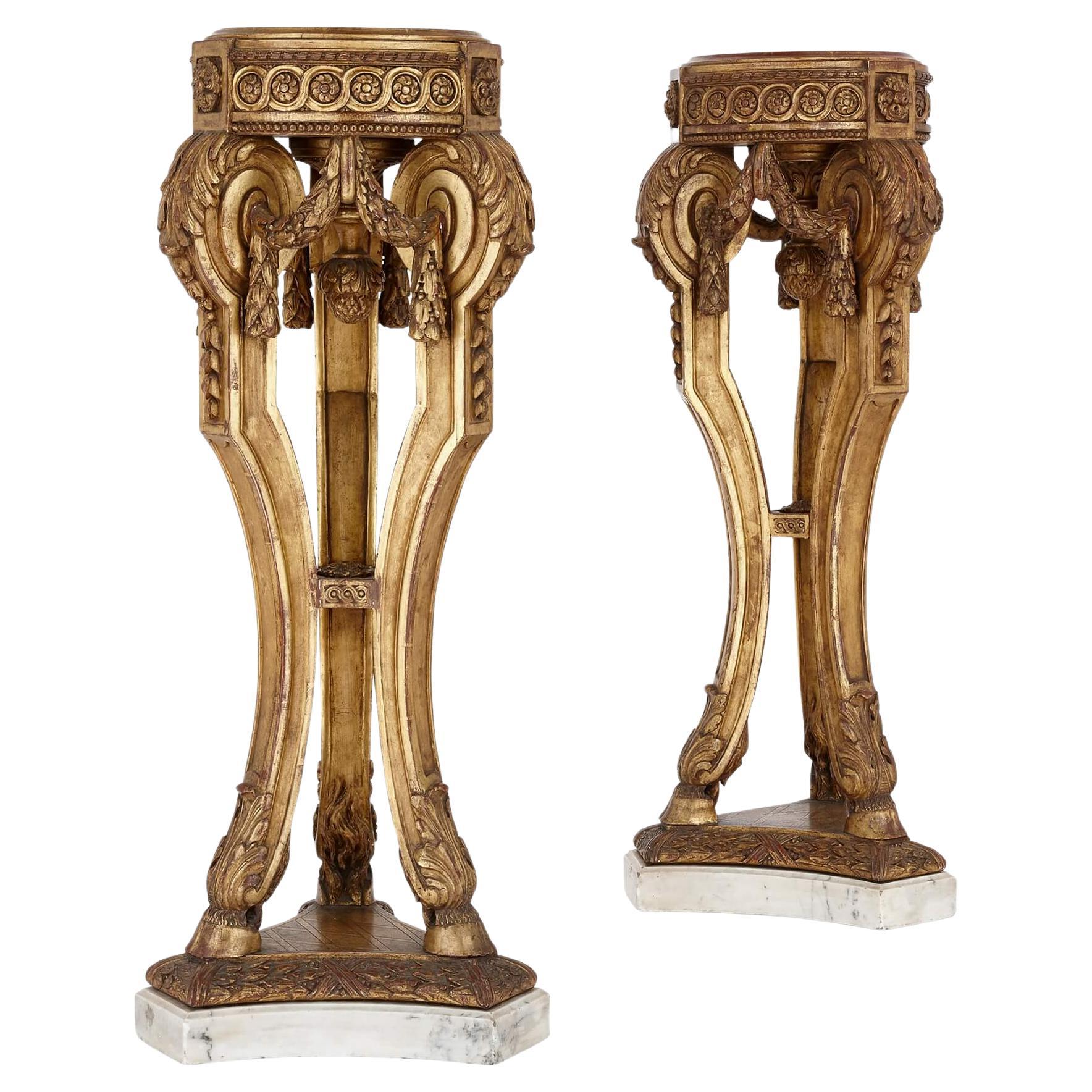 Pair of Louis XVI style giltwood and marble pedestals For Sale