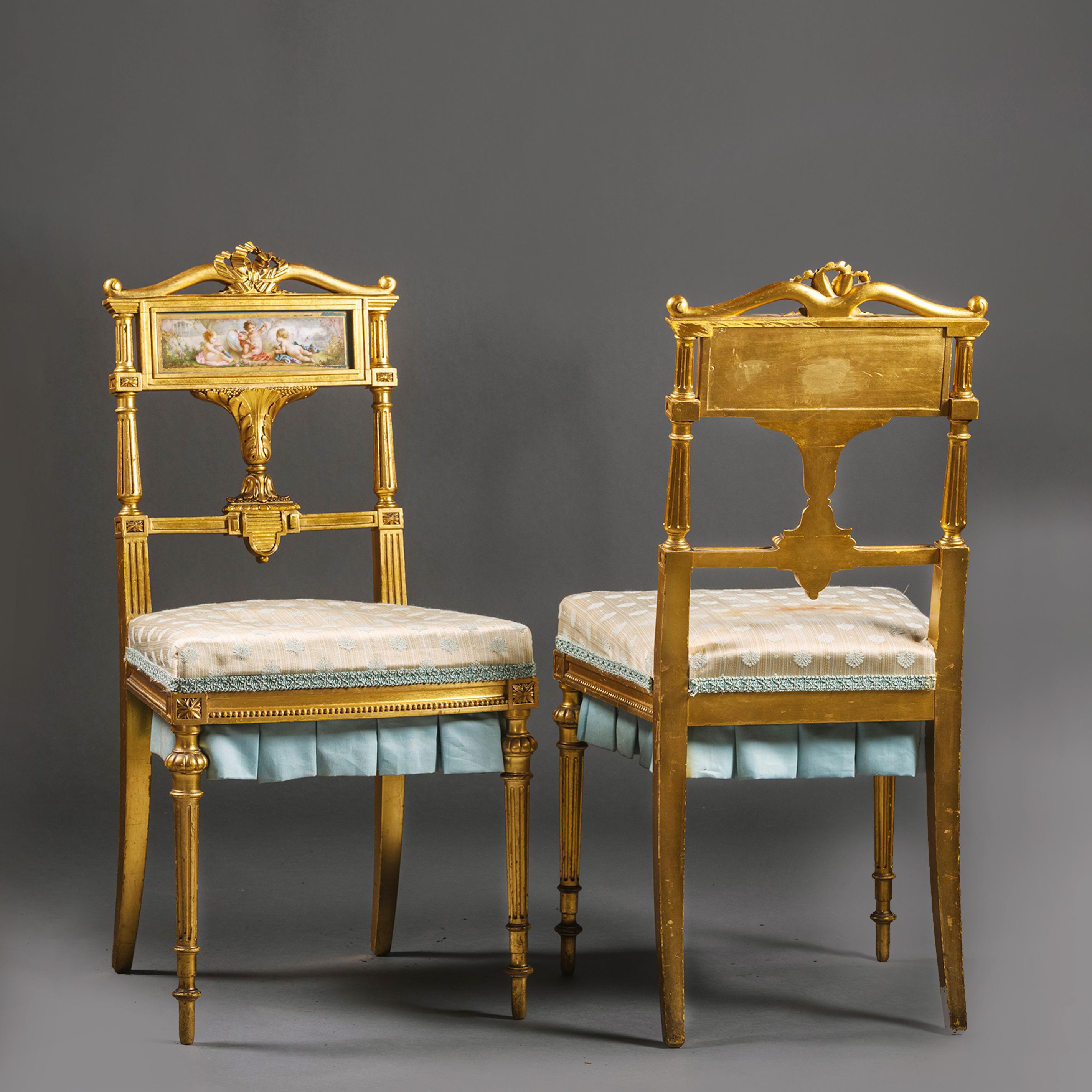 19th Century Pair of Louis XVI Style Giltwood and Sèvres-Style Porcelain Mounted Salon Chairs For Sale