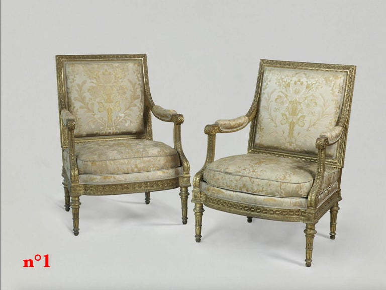 A pair of Louis XVI giltwood armchairs, stamped by Jean-Baptiste Gourdin, Paire de fauteuils en bois doré d'époque Louis XVI, estampille de  Jean-Baptiste Gourdin