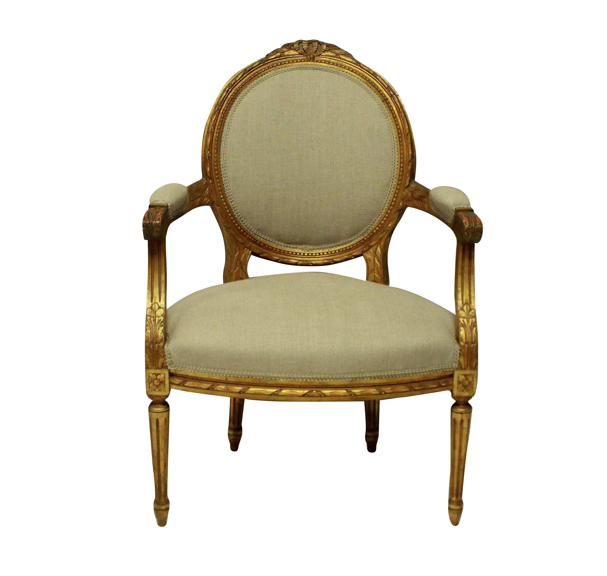 A pair of 19th century Louis XVI style giltwood armchairs, newly upholstered in raw linen.