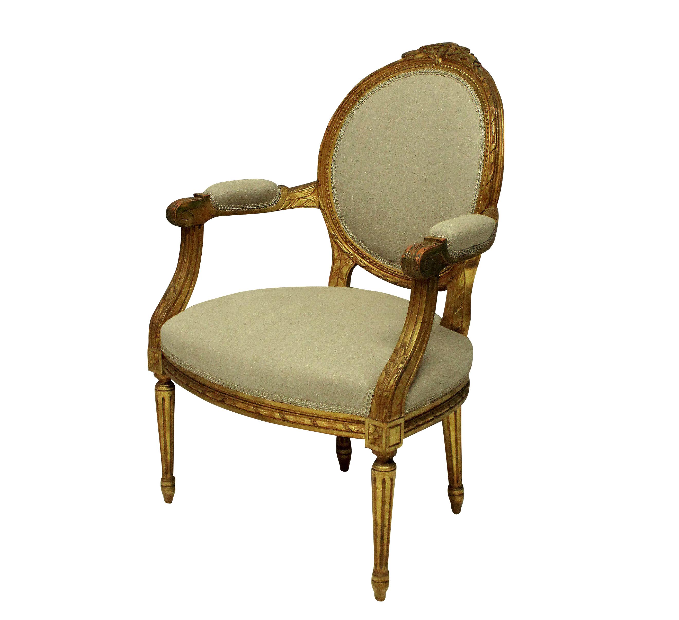 French Pair of Louis XVI Style Giltwood Armchairs