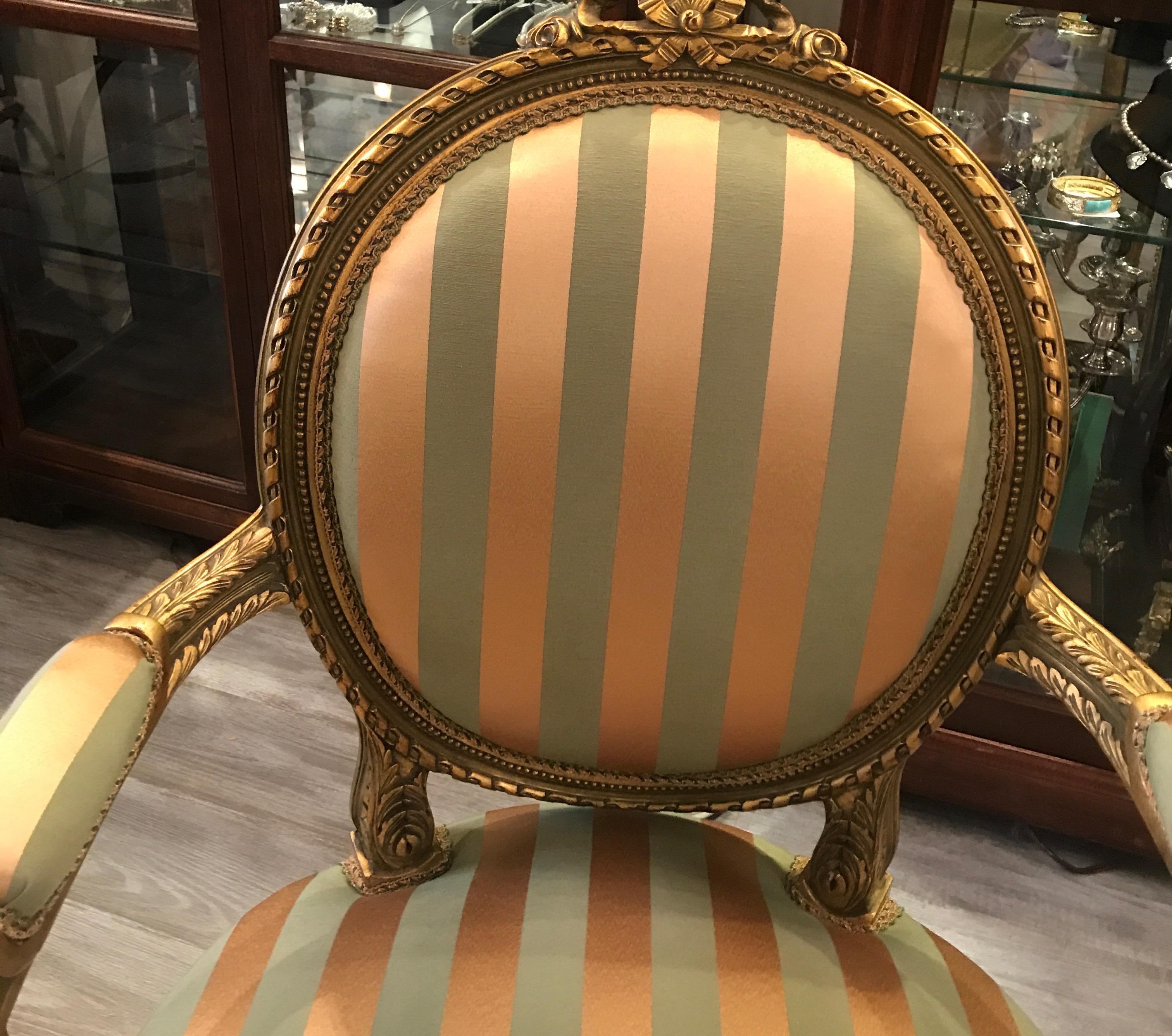 Damask Pair of Louis XVI Style Giltwood Armchairs